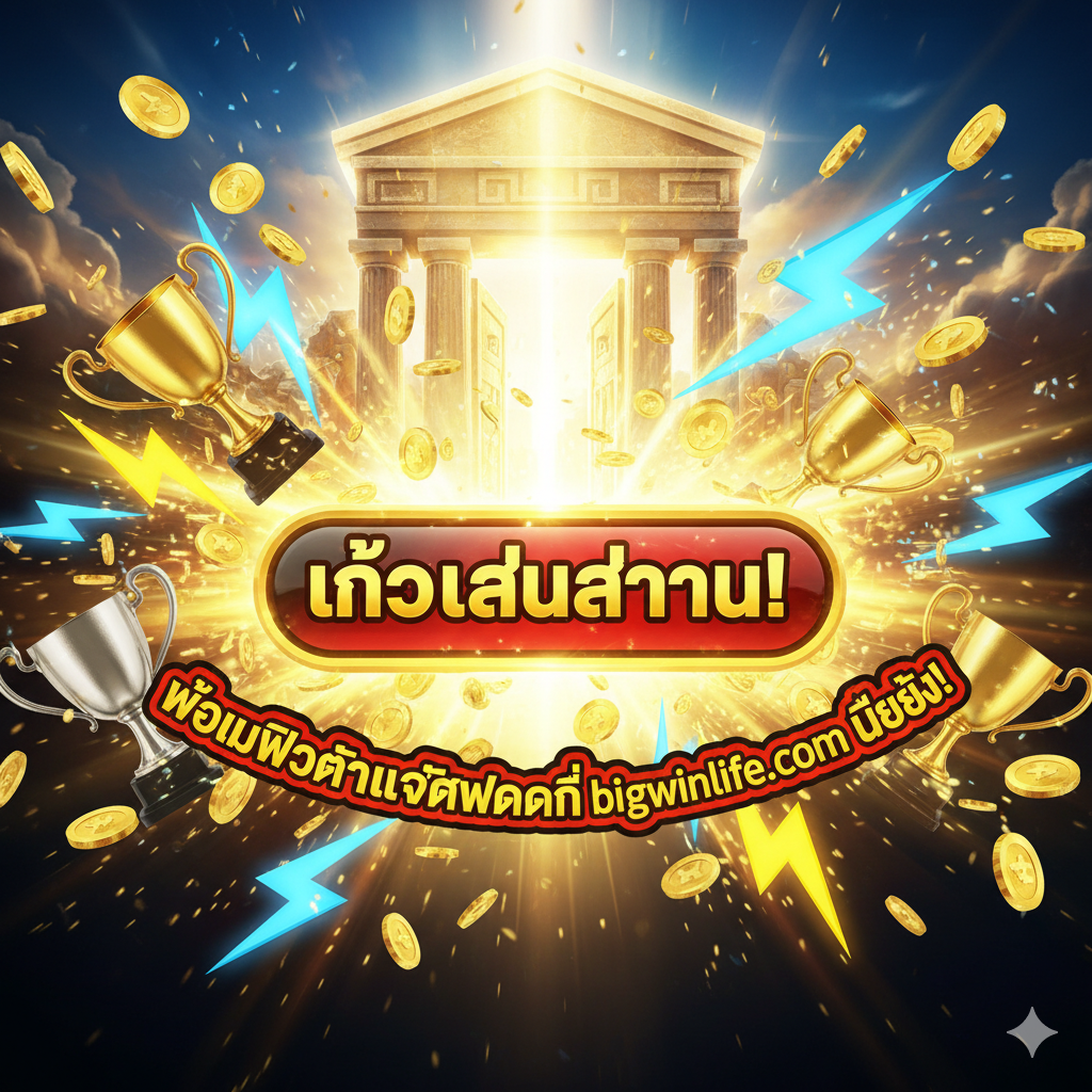 总结图片/CTA（Call to Action）图片，鼓励玩家立即行动。画面采用动感和胜利的主题。一个巨大的“Enter”或“Play Now”按钮（泰语：“เข้าเล่นตอนนี้!”）位于画面中心，按钮周围环绕着金币、奖杯和散落的闪电符号。背景应是光芒万丈的胜利之门（Gates of Olympus），暗示成功就在眼前。图片顶部或底部用泰语标语：“พร้อมพิชิตแจ็กพอตที่ bigwinlife.com หรือยัง?” (Ready to conquer the jackpot at bigwinlife.com?)，以强烈的金色、红色และ黑色搭配，达到视觉上的刺激和催促感。