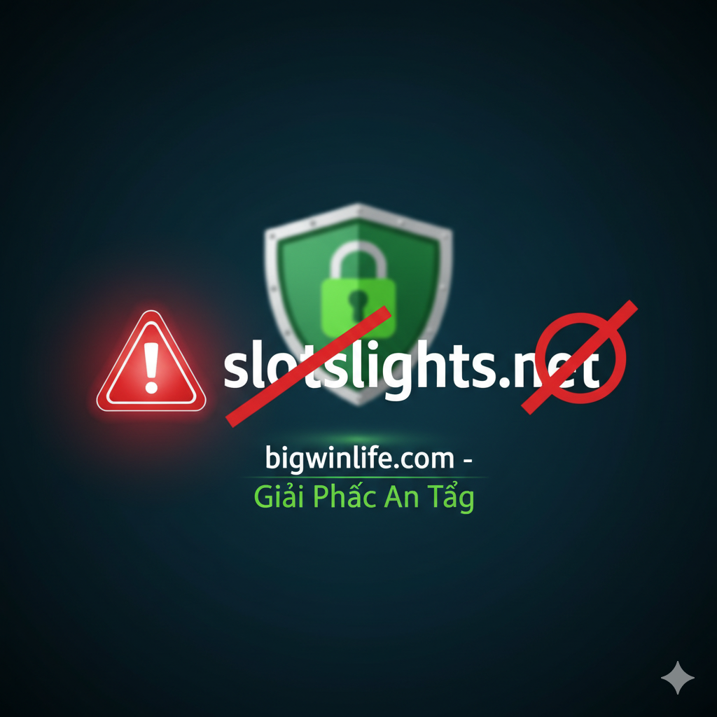 Đây là một hình ảnh bìa, chủ đề là cảnh báo và an toàn. Bức tranh nên có màu tối (chẳng hạn như xanh đậm, đen), tạo ra một bầu không khí nghiêm túc và cảnh giác. Phần tử cốt lõi là một dấu hiệu cảnh báo màu đỏ dễ thấy (⚠️), bên cạnh là văn bản 'slotslights.net' được phóng to và bị gạch chéo bằng dấu hiệu cấm màu đỏ (🚫). Ở phía dưới, một lá chắn màu xanh lá cây hoặc biểu tượng khóa an toàn làm nổi bật 'bigwinlife.com - Giải Pháp An Toàn' như một giải pháp thay thế an toàn. Bố cục nên đặt cảnh báo nguy hiểm ở tiền cảnh và giải pháp an toàn ở hậu cảnh, tạo sự tương phản. Phong cách nên là một poster cảnh báo hiện đại, kỹ thuật số.