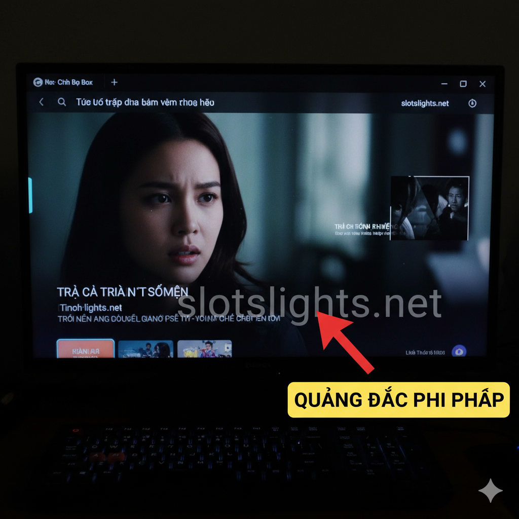 Hình ảnh này cho thấy slotslights.net là 'quảng cáo cứng' xâm nhập vào trải nghiệm người dùng. Chủ thể là màn hình (chẳng hạn như giao diện TV Box hoặc cửa sổ trình duyệt máy tính) đang phát phim hoặc chương trình, có một hình mờ văn bản bán trong suốt, gây khó chịu 'slotslights.net' ở dưới cùng hoặc góc của nội dung màn hình. Một mũi tên màu đỏ hoặc vàng bán trong suốt chỉ vào hình mờ này, kèm theo nhãn 'Ad-Injection' hoặc 'Quảng Cáo Phi Pháp'. Màu sắc nên mô phỏng môi trường ánh sáng yếu khi xem màn hình vào ban đêm, làm nổi bật tính xâm nhập của quảng cáo.