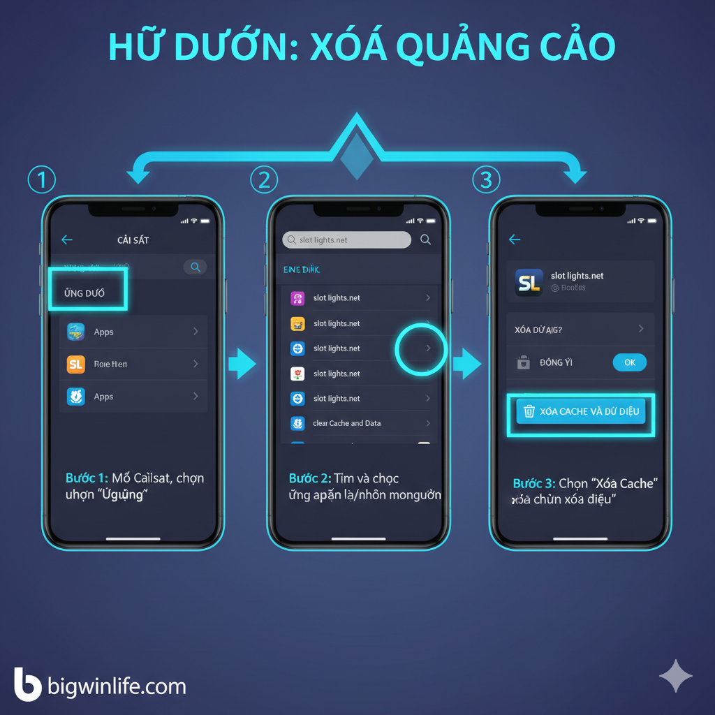 Đây là một sơ đồ hướng dẫn, hiển thị các bước chính của 'cách xóa quảng cáo' (cách xóa quảng cáo). Màn hình phải là ảnh chụp màn hình hoặc mô phỏng người dùng đang vận hành thiết bị thông minh, tập trung vào các menu 'Cài đặt' và 'Ứng dụng'. Một biểu tượng hoặc bước được làm nổi bật là 'Xóa Cache và Dữ liệu'. Phong cách tổng thể sạch sẽ, tối giản, sử dụng các số bước rõ ràng hoặc mũi tên để hướng dẫn tầm nhìn của người dùng, và màu sắc nên sử dụng tông màu lạnh, có tính công nghệ cao, nhấn mạnh hiệu quả giải quyết vấn đề.