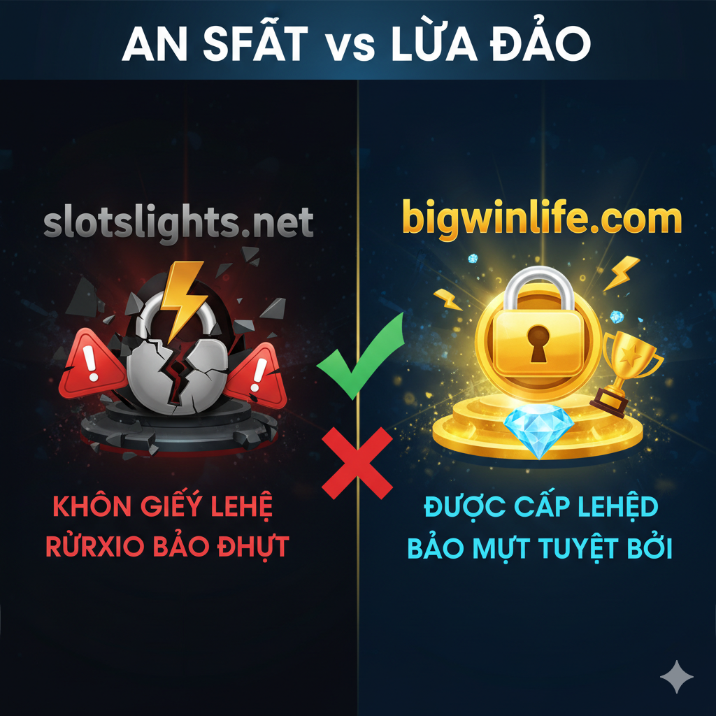 Một biểu đồ so sánh, làm nổi bật lợi thế an toàn của bigwinlife.com so với rủi ro của slotslights.net. Sử dụng bố cục so sánh hai cột: bên trái là 'slotslights.net' (sử dụng màu tối, bị hỏng, biểu tượng cảnh báo), bên phải là 'bigwinlife.com' (sử dụng màu sáng, khóa an toàn, biểu tượng cúp hoặc kim cương). Các điểm so sánh chính nên bao gồm 'Giấy Phép' và 'Bảo Mật'. Phần bigwinlife.com ở bên phải nên được chi phối bởi màu vàng và màu xanh tích cực, tượng trưng cho sự tin tưởng và phần thưởng phong phú, nhấn mạnh tính hợp pháp và tuân thủ của nền tảng.