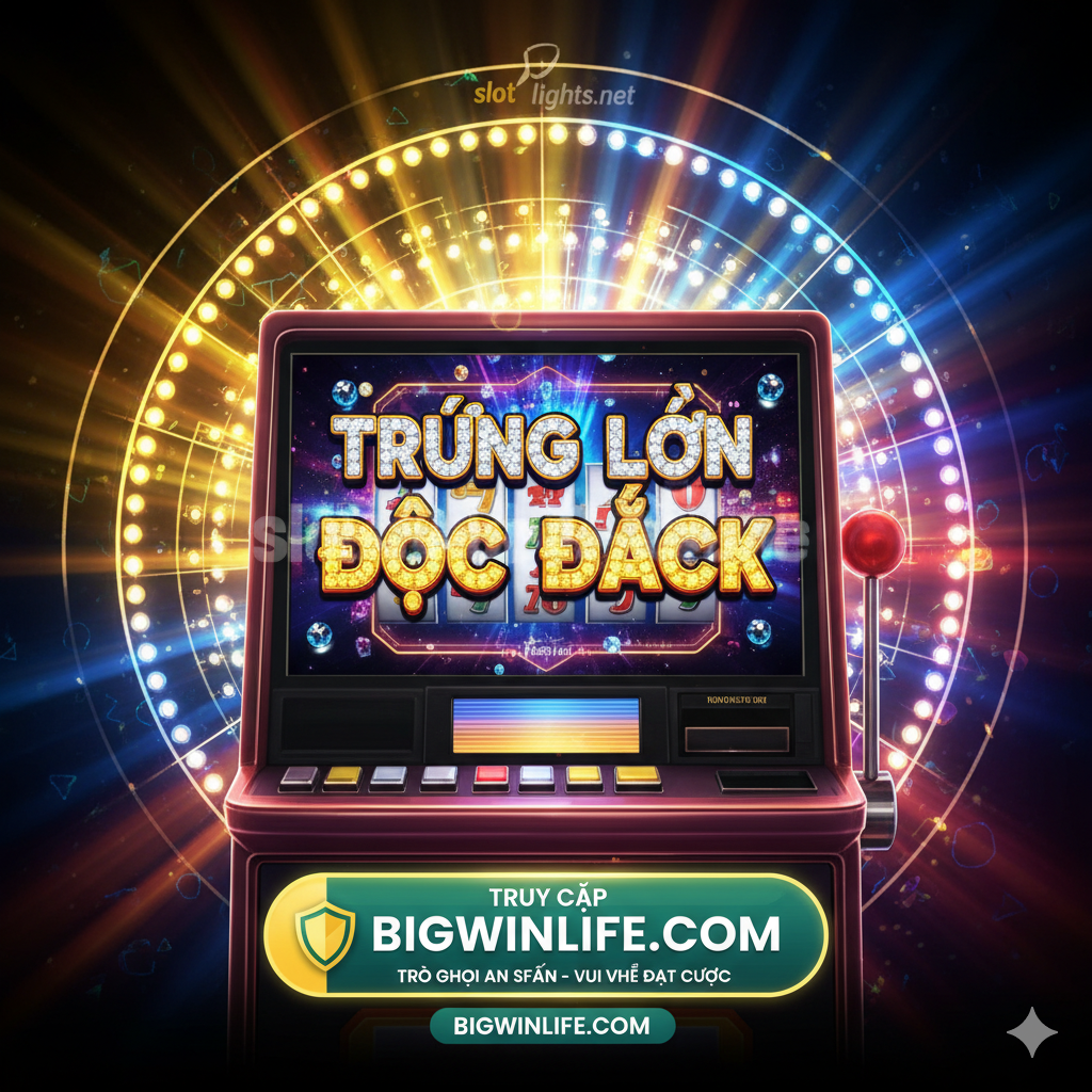 Tổng kết và hình ảnh kêu gọi hành động. Bức tranh phải đầy sức sống và hấp dẫn, thể hiện trải nghiệm Slot Game tích cực, thú vị. Chủ đề chính là màn hình máy đánh bạc cổ điển với chữ 'Jackpot' hoặc 'BIG WIN' lớn, với ánh đèn nhấp nháy ('lights') trong nền, nhưng phải theo phong cách sòng bạc hợp pháp, chuyên nghiệp. Ở trung tâm tiền cảnh, đặt một nút kêu gọi hành động rõ ràng, với văn bản '[TRUY CẬP BIGWINLIFE.COM]', nhấn mạnh trải nghiệm trò chơi an toàn và thú vị. Phong cách tổng thể là một poster quảng cáo trò chơi chất lượng cao, đầy cảm hứng.