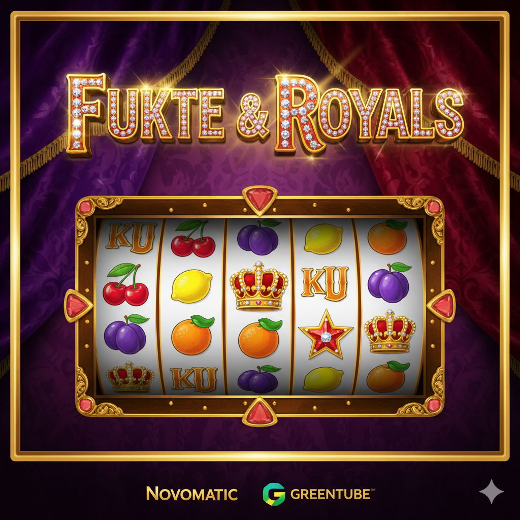 ภาพหน้าปกเกม Fruits 'n Royals Slot ที่มีคุณภาพสูงและดึงดูดสายตา แสดงให้เห็นวงล้อเกม (Reels) ที่เต็มไปด้วยสัญลักษณ์ผลไม้คลาสสิก (เชอร์รี่, เลมอน, ส้ม) ผสมผสานกับสัญลักษณ์ราชวงศ์ เช่น มงกุฎ (Crown Wild) และดาว (Star Scatter) ในพื้นหลังสีม่วงเข้มหรือแดงกำมะหยี่เพื่อสื่อถึงความหรูหราของราชวงศ์ (Royalty) มีการเน้นโลโก้เกมและชื่อค่าย Novomatic/Greentube ด้วยแสงสีทองเพื่อความโดดเด่น สไตล์เป็นแบบ 3D/Digital Art ที่มีความวาววับของเพชรและทองคำ.
