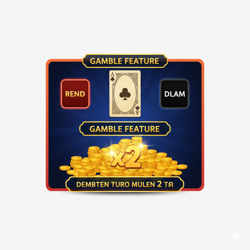 ภาพที่เน้นฟีเจอร์หลักของเกมคือ 'The Gamble Feature' (หรือ Risk Game) แสดงหน้าจออินเทอร์เฟซของการทายไพ่ โดยมีไพ่คว่ำหน้าอยู่ตรงกลาง พร้อมปุ่ม 'Red' และ 'Black' ที่เรืองแสงอยู่ด้านข้าง มีกองเหรียญทองวางอยู่ด้านล่างเพื่อแสดงถึงโอกาสในการคูณเงินรางวัล 2 เท่า ฉากหลังควรเป็นสีที่ตัดกันเพื่อเน้นการตัดสินใจที่เร้าใจและเสี่ยงทาย สไตล์ภาพควรเป็นแบบสกรีนช็อตที่มีองค์ประกอบกราฟิกที่ชัดเจนเพื่อให้ผู้เล่นเข้าใจกลไกการเล่นได้ง่าย.