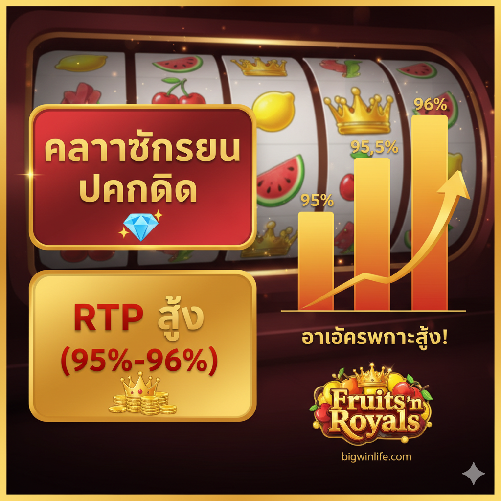 ภาพที่เน้นข้อได้เปรียบทางสถิติของเกม (RTP และ Volatility) แสดงกราฟิกแบบ Infographic ที่มีวงล้อสล็อตอยู่ด้านหลังอย่างโปร่งใส มีกล่องข้อมูลที่ชัดเจนแสดงข้อความ 'Medium Volatility' และ 'High RTP' (หรือ 95%-96%) พร้อมไอคอนของเพชร มงกุฎ และเหรียญทองที่สื่อถึงรางวัลใหญ่ที่กำลังรออยู่ โทนสีควรเป็นสีทองและสีแดงเพื่อสร้างความน่าเชื่อถือและความตื่นเต้นในการเดิมพัน สไตล์ภาพควรเป็นแบบกราฟิกที่ออกแบบมาอย่างดีสำหรับการนำเสนอข้อมูลเชิงเทคนิค.