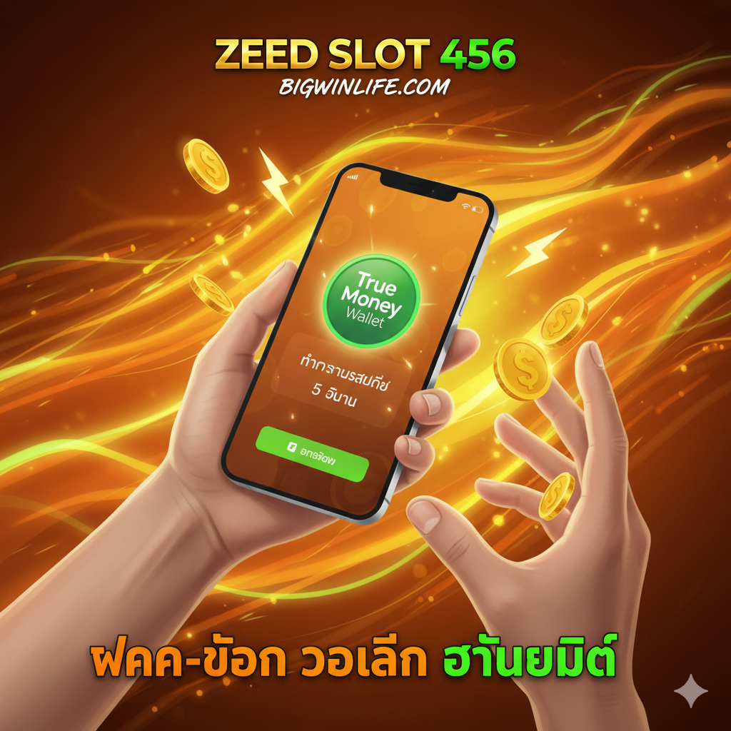 突出'ฝาก-ถอน วอเลท อัตโนมัติ'（Wallet Auto Deposit-Withdrawal）功能。画面中央展示两只手（一只拿着手机屏幕，手机上显示'True Money Wallet' Logo 和快速交易成功的界面，另一只手在空中撒下金币）。背景是一个流线型的、高科技感的数字网络界面，强调'5 วินาที'（5 Seconds）的速度。色彩以明快的橙色和绿色为主，代表Wallet和速度，加上金色点缀。整体构图简洁，聚焦于'手机'、'Wallet Logo'和'速度'，用箭头或闪电符号增强'快速'的视觉效果。