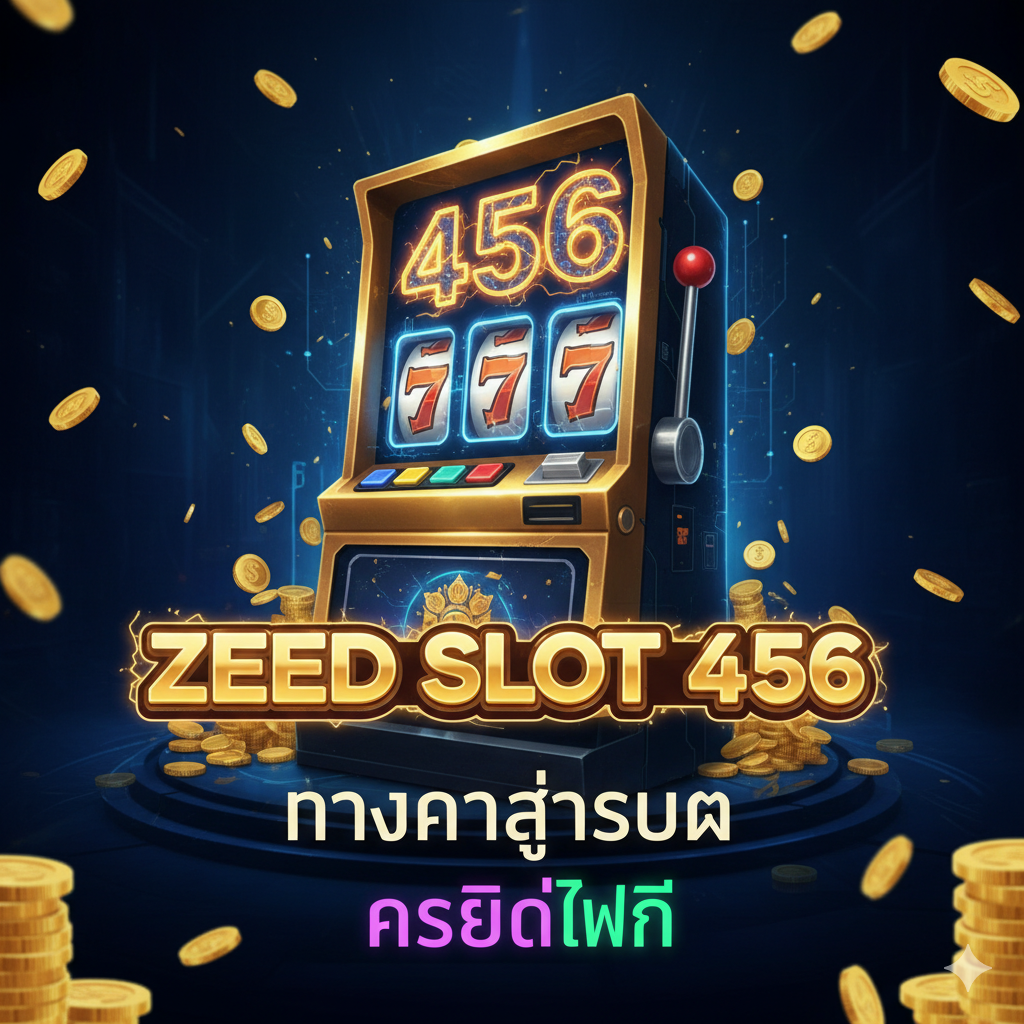 强调'เว็บตรง 100% ไม่ผ่านเอเย่นต์'(100% Direct Web, No Agent)的优势。中心是一个大大的盾牌(Shield)或金库(Vault)图标,象征'มั่นคงปลอดภัย'(Stable and Secure)。盾牌上刻有'Zeed Slot 456'และ'Bigwinlife.com'标志。ใน盾牌周围,可以มี四个小图标代表其他优势:金币堆(Jingl Payouts/จ่ายจริง)、一个✓符号(Fair Game)、一个全球网络符号(International Standard)。色彩主打沉稳的蓝色、银色和金色,传达信任และ专业感。构图稳固,盾牌居中,四个优势环绕。