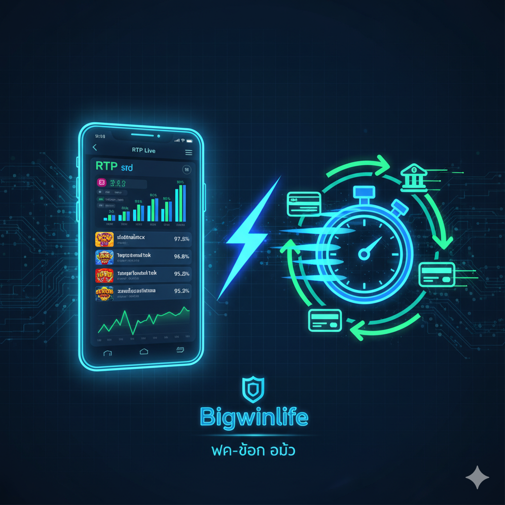 ภาพเน้นคุณสมบัติเด่นของระบบ 'RTP Live' และ 'ฝาก-ถอน Auto' ของ Bigwinlife โทนสีฟ้าและเขียวนีออน แสดงถึงเทคโนโลยีและความเร็ว ภาพแบ่งเป็นสองส่วน: ด้านซ้ายแสดงหน้าจอโทรศัพท์มือถือที่กำลังแสดงตาราง 'RTP Live' พร้อมกราฟที่พุ่งสูงขึ้นและตัวเลขเปอร์เซ็นต์ ด้านขวาเป็นรูปสัญลักษณ์การทำธุรกรรมการเงินที่รวดเร็ว (รูปนาฬิกาจับเวลาและสัญลักษณ์ธนาคาร) โดยมีสายฟ้าเชื่อมโยงทั้งสองส่วนเข้าด้วยกัน สร้างความรู้สึกถึงระบบที่รวดเร็วและโปร่งใส