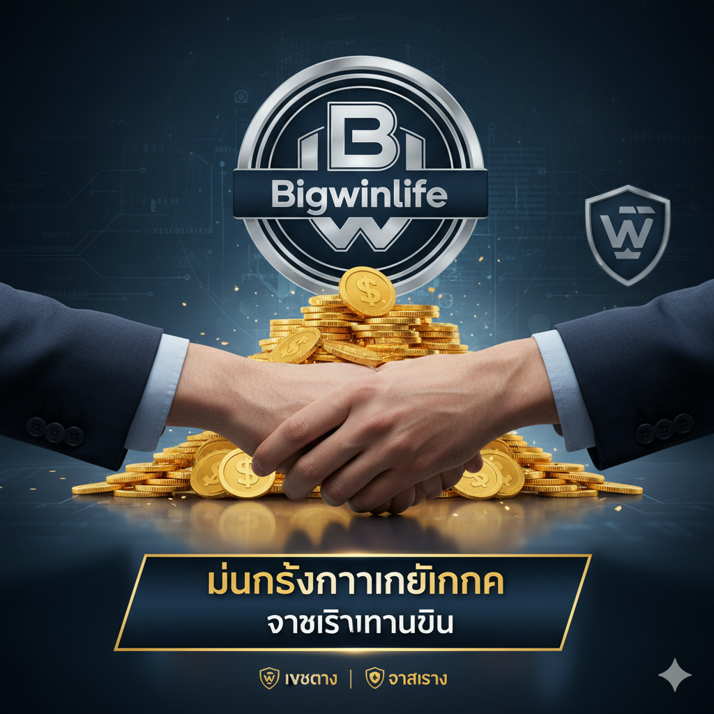 ภาพที่เน้นความน่าเชื่อถือและความมั่นคงในฐานะ 'เว็บตรง' และ 'จ่ายจริง' ของ Bigwinlife โทนสีเข้มและสีเงิน แสดงถึงความมั่นคง องค์ประกอบหลักคือเหรียญทองขนาดใหญ่จำนวนมาก (เป็นสัญลักษณ์ของ Big Win/Jackpot) ที่กองอยู่บนมือที่กำลังจับกันอย่างมั่นคง (สัญลักษณ์ของเว็บตรง ไม่ผ่านเอเย่นต์) ด้านหลังมีฉากพื้นหลังเป็นโลโก้ Bigwinlife ที่ดูปลอดภัยและเชื่อถือได้ เน้นข้อความภาษาไทยสั้นๆ ที่สื่อถึง 'ความมั่นคงทางการเงิน' และ 'จ่ายจริงทุกบิล'