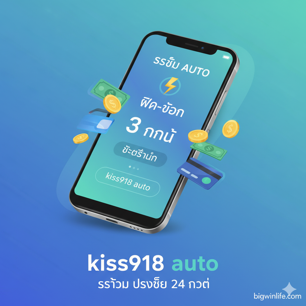 功能图片突出“ระบบ Auto”（自动系统）和“ฝาก-ถอน”（存取款）的速度。主视觉元素应是一个智能手机屏幕上显示“3 นาที”计时器或一个闪电图标（⚡），旁边是银行卡/金币流向的动画效果。色彩采用蓝色/绿色代表信任和效率。图片应包含“kiss918 auto”的关键词，强调快速、安全、24 ชั่วโมง的交易体验。构图简洁有力，侧重于Transactional Intent的快速完成。