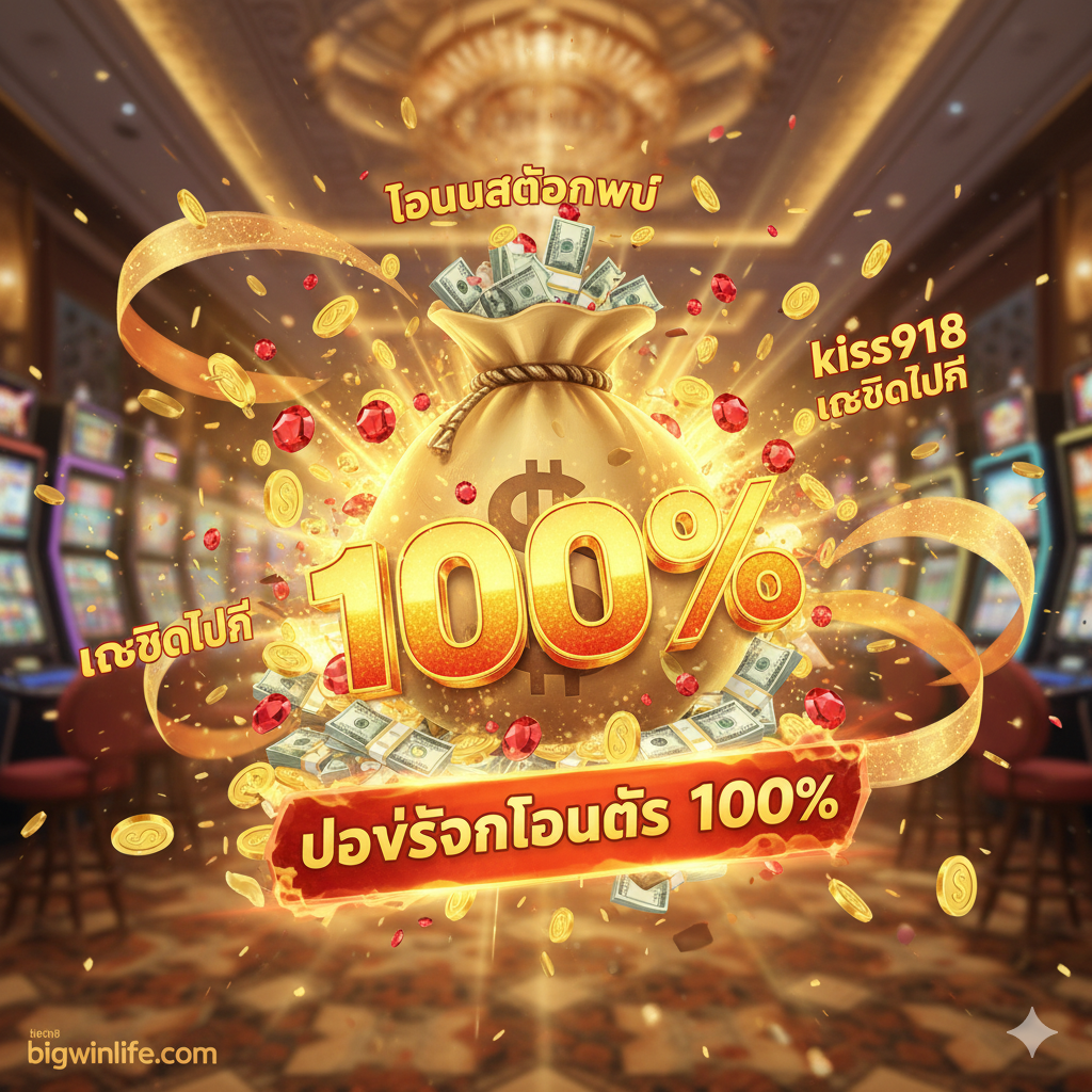 一张突出优势和促销的图片，重点展示“โปรโมชั่นโบนัส 100%”และ“เครดิตฟรี”。视觉主体是一个巨大的“100%”数字หรือ一个爆炸性的礼盒/金币袋（🎁💰），周围环绕ด้วย“kiss918 เครดิตฟรี”และ“โบนัสต้อนรับ”等泰文字样。整体风格应是热情洋溢、高回报的，色彩使用亮金色、红色和橙色，营造出值得投资的赌博气氛。