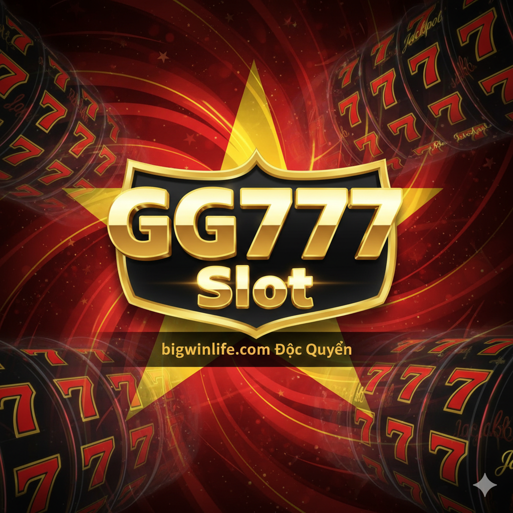 Thiết kế một high-quality, bắt mắt cover image. Màu sắc chủ đạo là vàng và đen, thể hiện sự xa hoa của sòng bạc. Trung tâm hình ảnh nên có logo “GG777 Slot” lớn, phát sáng, với dòng chữ nhỏ “bigwinlife.com Độc Quyền” nổi bật ở dưới. Background là hiệu ứng ánh sáng trừu tượng mang màu cờ Việt Nam (nền đỏ sao vàng), có lồng ghép các cuộn slot machine quay “777” và chữ “Jackpot”. Bố cục tổng thể nên tạo hiệu ứng thị giác mạnh, nhấn mạnh đường link độc quyền và tiền thưởng lớn.