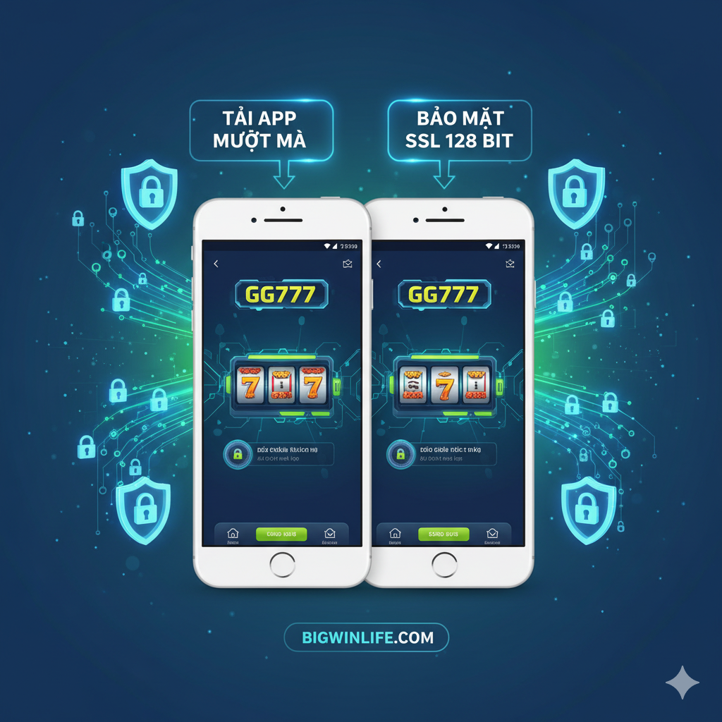 Hình ảnh tính năng, tập trung vào “Tải App Mượt Mà” và “Bảo Mật SSL 128 bit”. Chủ thể hình ảnh là hai mô hình màn hình điện thoại song song, một hiển thị giao diện iOS, một hiển thị giao diện Android, với màn hình đăng nhập hoặc sảnh game của GG777 App. Xung quanh mô hình điện thoại là các biểu tượng khiên và ổ khóa tượng trưng cho an ninh, cùng với một hoạt ảnh luồng dữ liệu, ngụ ý về công nghệ mã hóa SSL. Tông màu chủ đạo là màu xanh/lục công nghệ, nhấn mạnh tính tiện lợi, độ mượt mà và bảo mật cao của App.