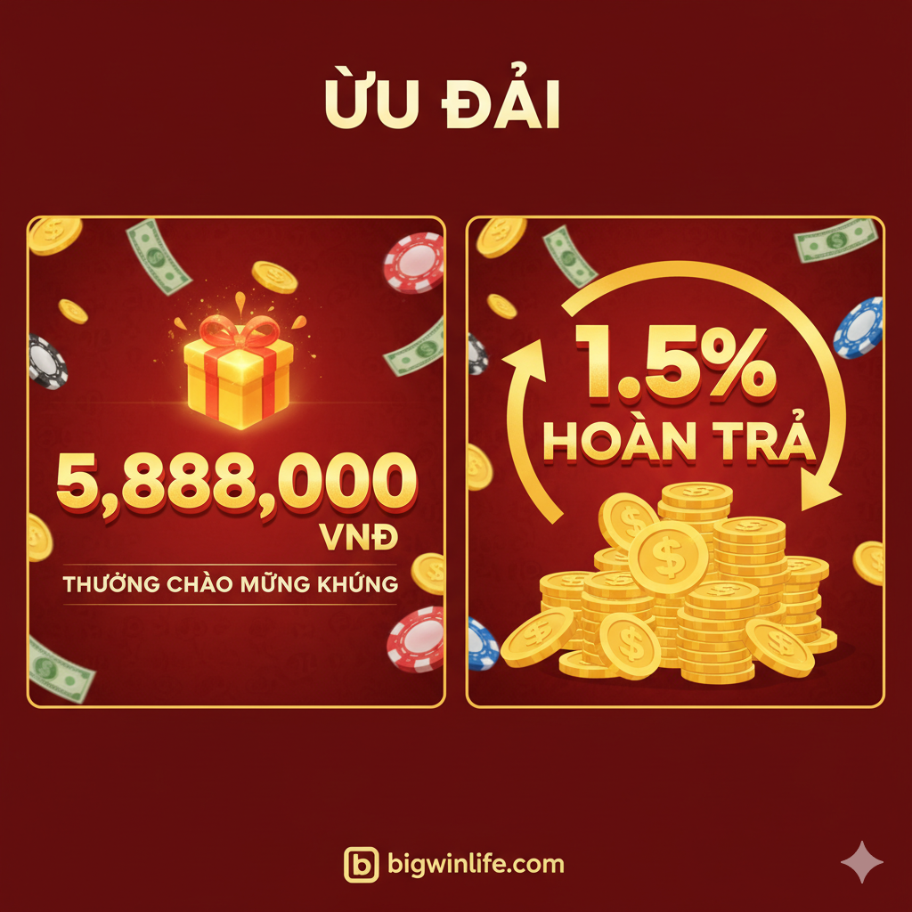 Hình ảnh về ưu điểm, tập trung vào “Khuyến Mãi Độc Quyền” và “Hoàn Trả Cao”. Hình ảnh nên tràn ngập tiền xu, chip, và hộp quà. Phần trung tâm là hai khu vực thị giác đối lập: bên trái là số tiền thưởng chào mừng lên đến “5,888,000 VNĐ” với biểu tượng gói quà lấp lánh; bên phải là dòng chữ “1.5% Hoàn Trả”, sử dụng một mũi tên tuần hoàn và đống tiền xu để tượng trưng cho việc hoàn tiền liên tục. Toàn bộ hình ảnh có màu sắc rực rỡ, chủ đạo là đỏ và vàng, tạo ra không khí giàu có và hoàn tiền mạnh mẽ, làm nổi bật ưu thế độc quyền của bigwinlife.