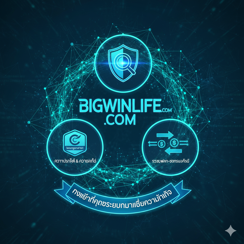 ออกแบบภาพที่เน้นความน่าเชื่อถือของ bigwinlife.com โดยแสดงโลโก้พร้อมกับไอคอนของความโปร่งใส/ความปลอดภัย, ใบอนุญาตสากล, และการทำธุรกรรมที่รวดเร็ว ใช้สีฟ้า-เขียวที่สื่อถึงความมั่นใจ