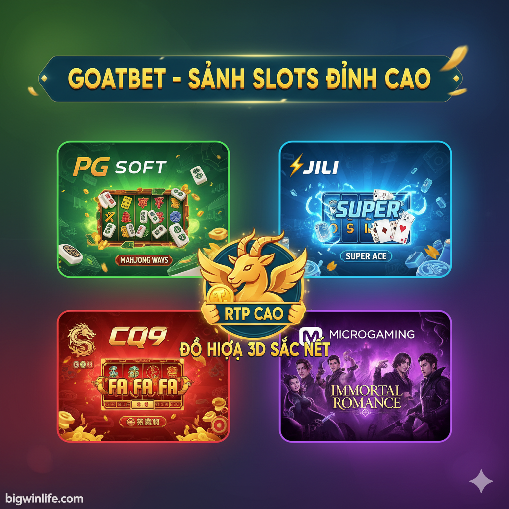 Hình ảnh minh họa sự đa dạng và chất lượng của sảnh Slot Game. Bố cục dạng collage (ghép nhiều hình) hoặc chia màn hình thành 4 ô vuông, mỗi ô đại diện cho một nhà cung cấp game nổi bật (PG Soft, Jili, CQ9, Microgaming) với logo và screenshot nhỏ của trò chơi nổi tiếng (ví dụ: Mahjong Ways, Super Ace). Sử dụng nền màu sắc rực rỡ nhưng hài hòa, thể hiện sự phong phú của kho game, nhấn mạnh tính năng RTP cao và đồ họa 3D sắc nét.