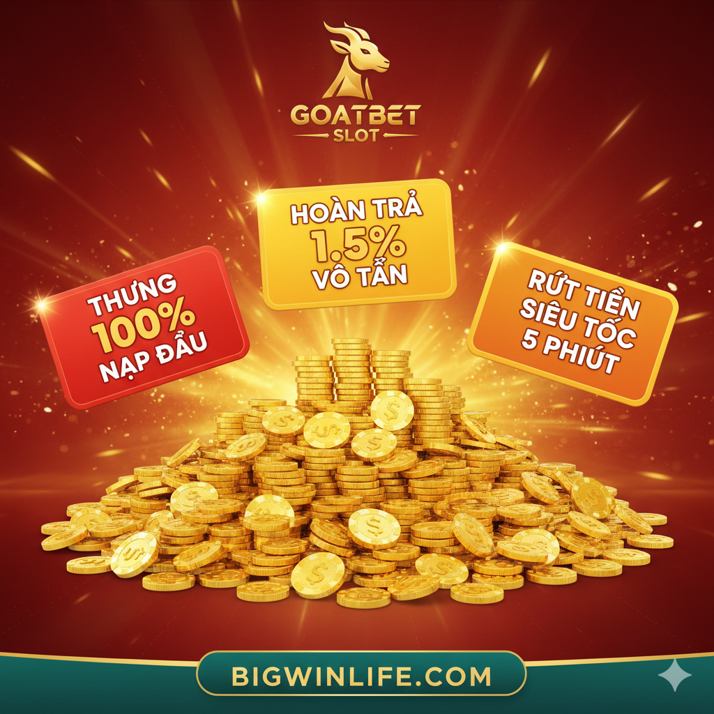 Hình ảnh làm nổi bật các chương trình khuyến mãi và ưu điểm của GOATBET. Hình ảnh trung tâm là một đống tiền vàng (hoặc chip casino) khổng lồ, đi kèm là các thẻ bài/biểu ngữ nổi bật: Thưởng 100% Nạp Đầu, Hoàn Trả 1.5% Vô Tận, Rút Tiền Siêu Tốc 5 Phút. Màu sắc tươi sáng, năng động (đỏ, vàng, cam) để tạo cảm giác hấp dẫn, nhấn mạnh vào lợi ích tài chính lớn mà người chơi nhận được khi tham gia GOATBET SLOT.