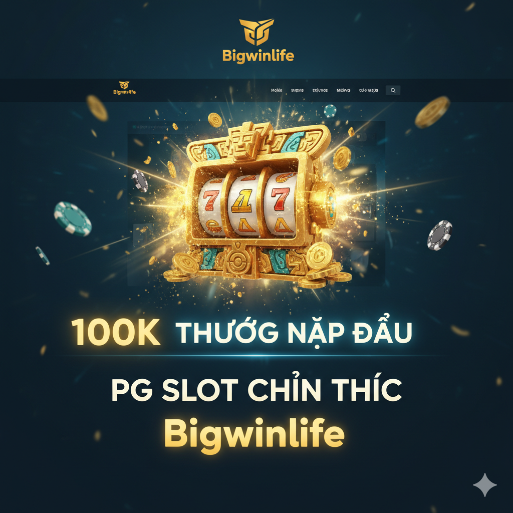 Một引人注目的封面图,主色调为深蓝色和金色,营造出高端和财富感。中央是PG Slot的官方Logo(或一个具有代表性的3D老虎机图标,如'Treasures of Aztec'主题的金色神像或钱币),周围环绕着爆炸性的金色光芒和飞舞的筹码。背景应融入Bigwinlife的品牌元素(如一个微小的logo或网站界面模糊化)。图片应突出'100K Thưởng Nạp Đầu'的越南语文字,并用霓虹效果或粗体字强调'PG SLOT Chính Thức'和'Bigwinlife',构图充满动态和胜利的氛围。