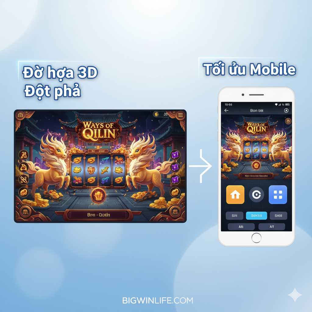 功能特性图,重点展示PG Slot最突出的特点:3D视觉效果和移动端优化。图片应分左右两部分,左侧是一个高分辨率的PG Slot游戏画面(如'Ways of the Qilin'的精美3D动画),色彩鲜艳,细节丰富。右侧是一个模拟的手机屏幕,展示游戏在移动设备上流畅运行的界面,强调其无缝体验。整体风格现代科技感,使用浅蓝和白色调,突出'Đồ họa 3D Đột phá' và 'Tối ưu Mobile'的越南语标语,象征技术的先进 tính năng.
