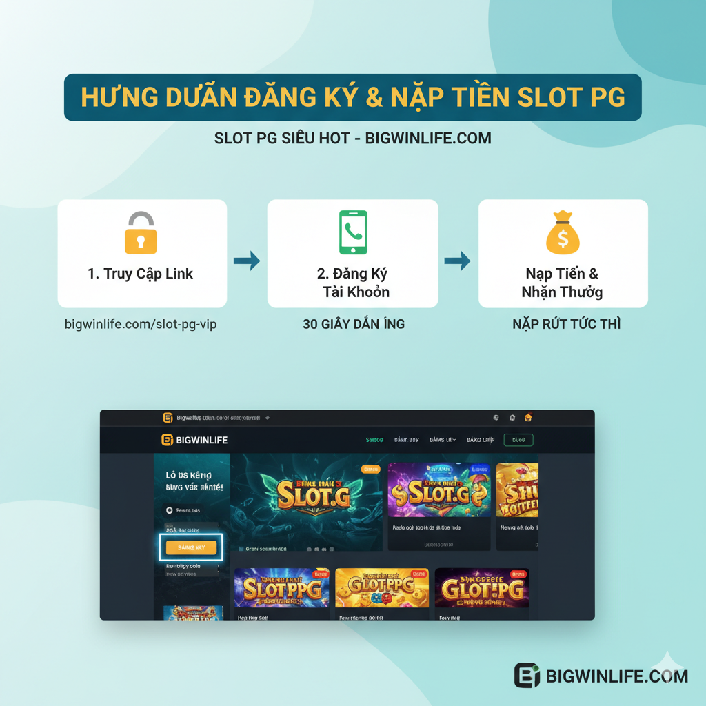 教程指导图，用清晰简洁的流程图或分步截图展示'Đăng Ký'和'Nạp Tiền'的步骤。图片背景使用柔和的浅色调（如米白或淡绿），避免分散注意力。核心元素是一个三步流程图（1. Truy cập Link 2. Đăng Ký 3. Nạp Tiền & Nhận Thưởng），每一步配有小图标（如锁头、手机、金钱符号）。图片底部或角落应有Bigwinlife的网站界面截图示例，确保用户知道操作的最终目标。强调'30 Giây Đăng Ký' và 'Nạp Rút Tức Thì'。