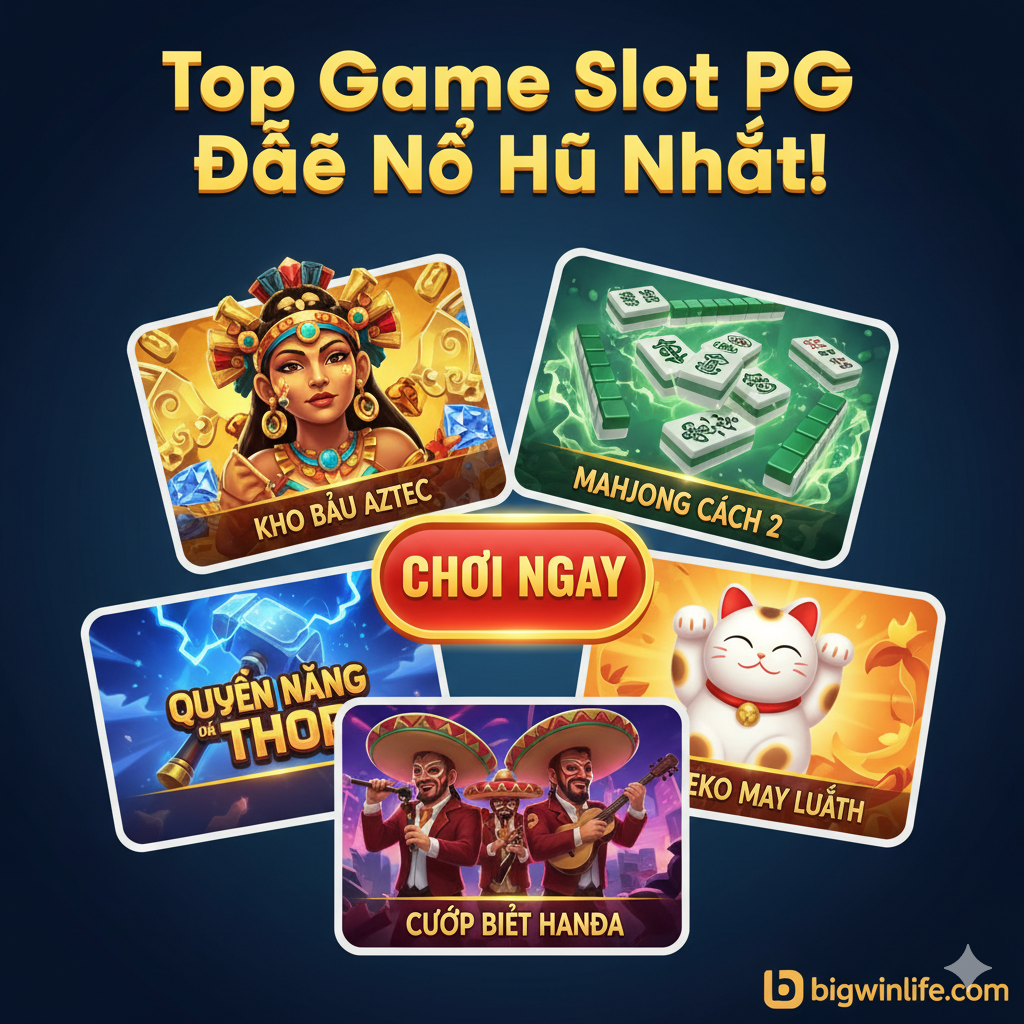 总结图,用于展示Top 5热门游戏,激发用户点击。将'Treasures of Aztec'、'Mahjong Ways 2'、'Wild Bandito'等游戏的代表性图标或关键场景,以拼贴或卡片形式集中展示,每个卡片下方用小字标明游戏名称。中央应有一个醒目的'CHƠI NGAY'按钮(Call-to-Action)。整体构图活跃,色彩丰富,但保持统一性,让人一眼就能看到多样性和机会。顶部标语使用粗体越南语:'Top Game Slot PG Dễ Nổ Hũ Nhất!'。