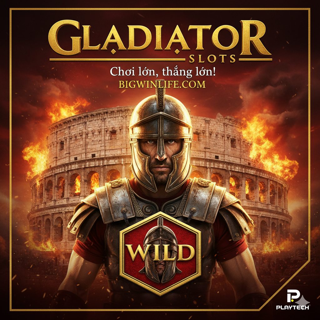 一张史诗级、电影风格的封面图片，用于文章开头。主体是Gladiator Slot游戏的主视觉，突出一个戴着标志性头盔的罗马角斗士特写（象征Wild），背景是熊熊燃烧的竞技场（Colosseum），充满戏剧性的红金色调。构图应将'Gladiator Slot'的Logo（或标题）放在上方，下方是Playtech的小Logo，营造出紧张、高价值和史诗感。整体色彩饱和度高，光影对比强烈，吸引越南语读者点击。