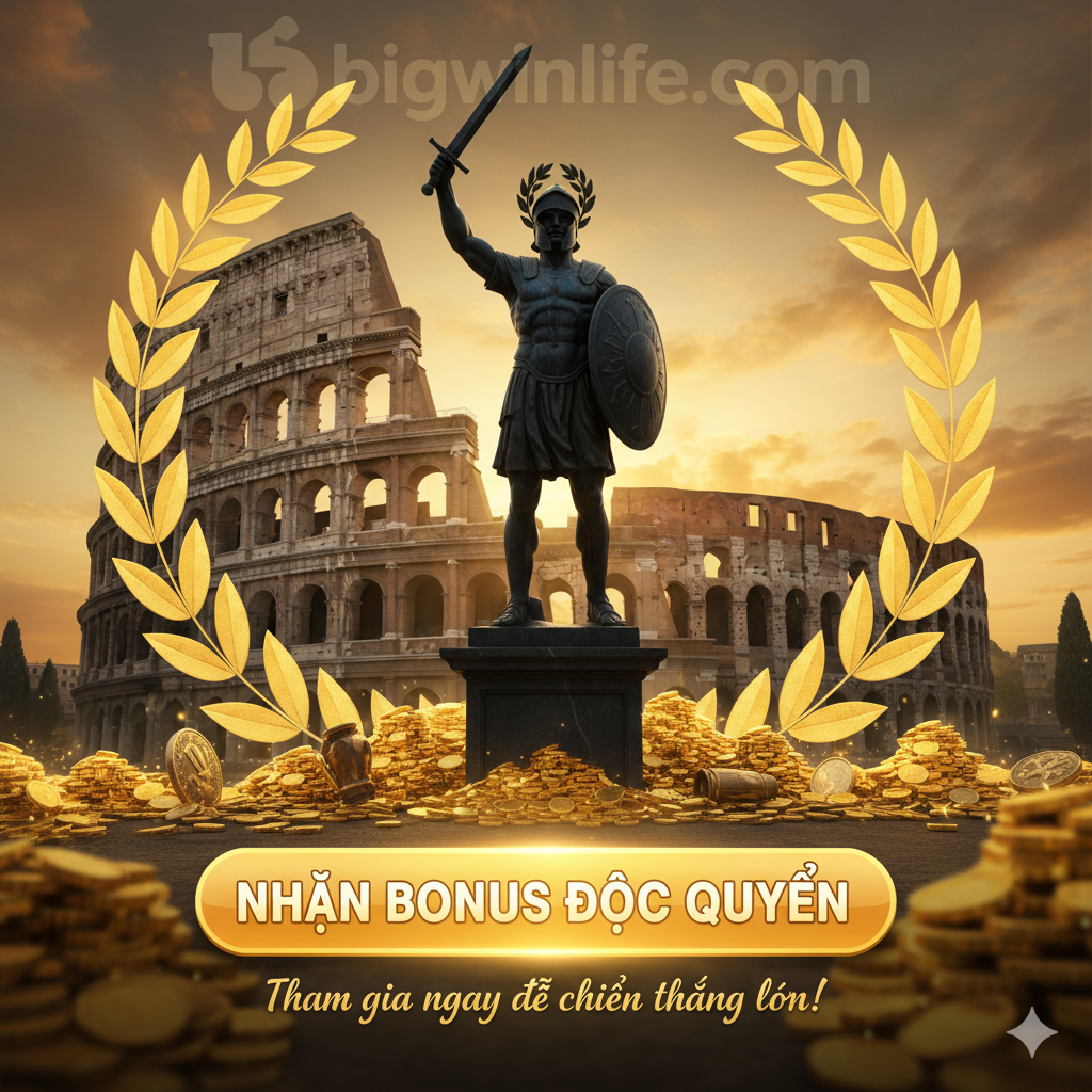文章总结和CTA（行动呼吁）图片。构图应结合罗马竞技场、金币和象征胜利的桂冠。主体可以是一个胜利的角斗士雕像剪影，背景是'bigwinlife.com'的Logo或水印（如果允许）。图片下方留白区域可用于放置CTA按钮，风格积极、鼓舞人心，色彩明亮，象征胜利和财富。目的是鼓励读者立即点击链接去'NHẬN BONUS ĐỘC QUYỀN'。
