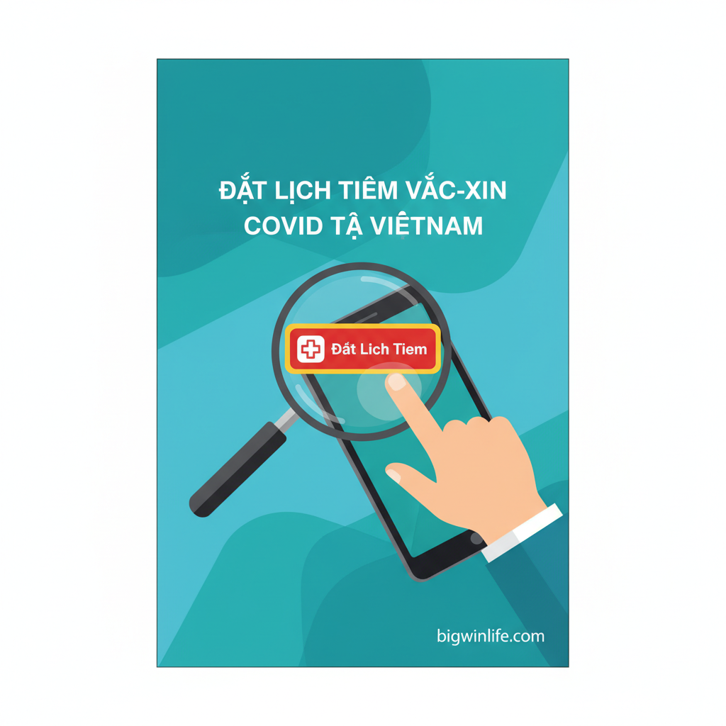 Một bức ảnh có ý nghĩa hy vọng và hiện đại, chủ đề là “Đặt lịch tiêm vắc xin COVID ở Việt Nam”. Trung tâm bức ảnh là một kính lúp tập trung vào nút “Đặt lịch tiêm” (Book Slot) có in cờ Việt Nam (đỏ và vàng) và biểu tượng chữ thập y tế. Nền sử dụng tông màu xanh ngọc và xanh lam dịu nhẹ, tượng trưng cho sức khỏe và công nghệ. Ở tiền cảnh, một bàn tay (có thể là da trắng hoặc da châu Á, đại diện cho Expats và Người Việt) đang nhấp vào nút trên màn hình máy tính bảng hoặc điện thoại di động. Phong cách tổng thể đơn giản, giàu tính kỹ thuật số, làm nổi bật hai yếu tố cốt lõi là “trực tuyến” và “Việt Nam”, truyền tải thông điệp về sự dễ dàng và chính thức của quy trình đăng ký.