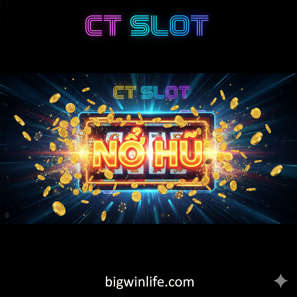 封面图。设计风格为未来感和高能量的赌场主题.画面中央是一个虚拟的老虎机屏幕，显示着巨大的“BIG WIN” hoặc “JACKPOT”字样，周围有大量的金色筹码和硬币爆炸飞溅。背景是深蓝色或黑色的光束效果，突出中间的胜利场景。在屏幕上方或下方以霓虹灯效果突出关键词“CT SLOT”。构图应具有冲击力，模拟老虎机屏幕爆炸瞬间的动态，使用鲜艳的金色和红色调，强烈吸引用户的注意力。