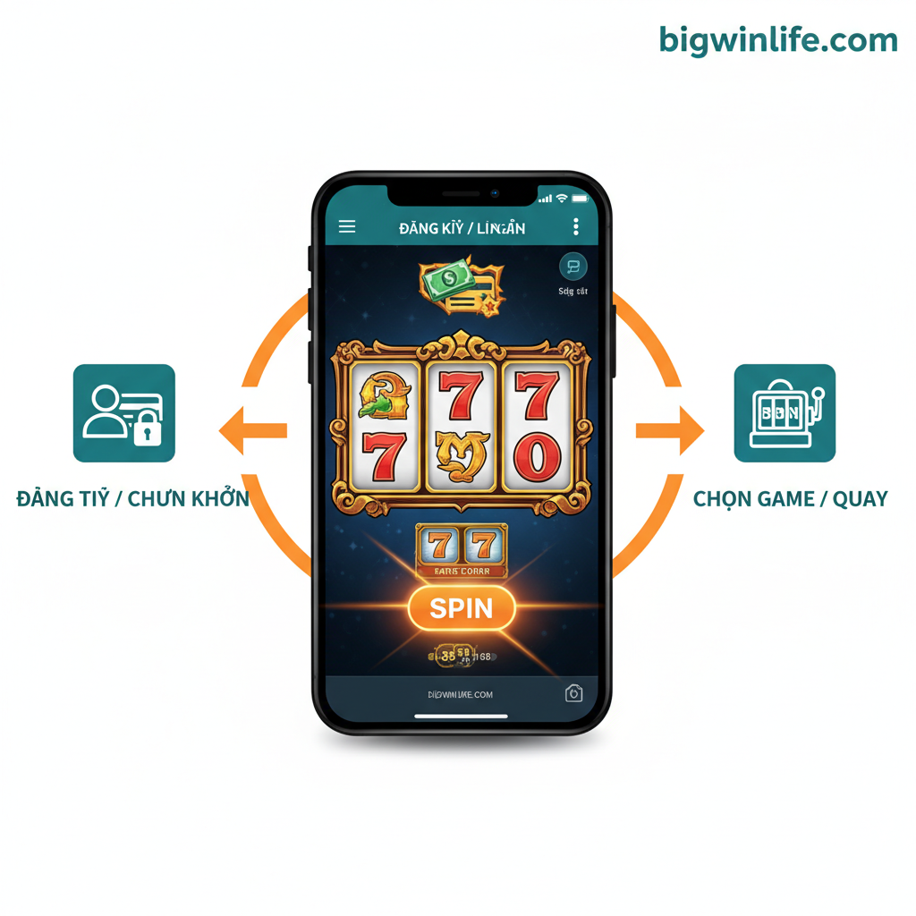 Tutorial guidance image. Designed as a clear flowchart, showing the steps for the user from preparation to starting the game. The visual elements include a mobile interface and three key step icons ('Register/Login', 'Deposit/Transfer', 'Select Game/Spin') connected by arrows, forming a brief cyclical path. The 'SPIN' button in the slot machine interface is highlighted, enlarged, and has a halo effect. The overall style should be simple, easy to understand, using Bigwinlife.com's brand colors (e.g., blue and white) and vibrant orange to guide the visual flow, enhancing the intuition of the operation.