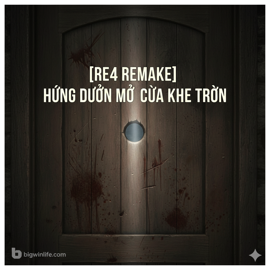 Ảnh bìa phong cách tối và đậm chất game kinh dị, lấy bối cảnh mờ ảo và u ám của khu Làng trong Resident Evil 4 Remake (2023). Hình ảnh tập trung vào cánh cửa gỗ cũ kỹ, nặng nề với một khe tròn (round slot) nổi bật ở trung tâm. Ánh sáng mờ từ một nguồn không rõ (có thể là ánh trăng hoặc đèn pin) chiếu vào khe tròn, tạo điểm nhấn kịch tính và bí ẩn. Góc chụp cận, tập trung vào chi tiết cánh cửa và khe khóa. Tone màu chủ đạo là nâu tối, xám và một chút đỏ (máu hoặc dấu vết chiến đấu) để tăng cường không khí kinh dị. Trên cánh cửa có thể có một dòng chữ tiếng Việt nổi bật: '[RE4 REMAKE] Hướng Dẫn Mở Cửa Khe Tròn'