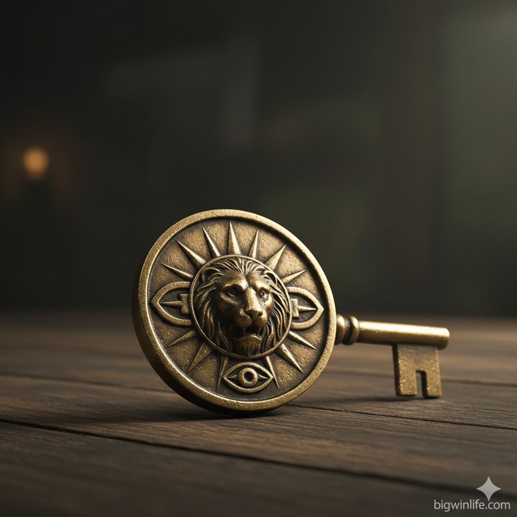 Ảnh hiển thị chi tiết vật phẩm 'Chìa khóa Huy hiệu' (Insignia Key) là vật phẩm cần thiết. Ảnh là góc chụp cận cảnh vật phẩm Insignia Key trong môi trường tối, có thể đặt trên một chiếc bàn gỗ cũ hoặc tay của nhân vật Leon. Chìa khóa có hình tròn, màu bạc hoặc vàng đồng, với một biểu tượng hình sư tử, mặt trời hoặc biểu tượng đặc trưng của Los Iluminados ở trung tâm. Phông nền mờ ảo, tập trung tối đa vào độ chi tiết và chất liệu kim loại của chìa khóa. Phong cách render chất lượng cao, mang lại cảm giác 'sở hữu' vật phẩm trong game. Dòng chữ 'Insignia Key' có thể được overlay nhỏ ở góc để xác định rõ vật phẩm.