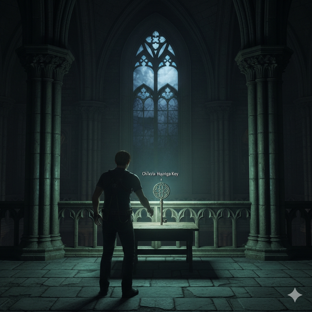 Ảnh hướng dẫn vị trí chìa khóa, miêu tả cảnh bên trong Nhà Thờ (Church) ở tầng trên/ban công. Bối cảnh phải thể hiện kiến trúc Gothic u ám của Nhà Thờ trong RE4 Remake, với cửa sổ kính màu lớn (stained glass) mờ ảo ở phía sau. Hình ảnh tập trung vào một chiếc bàn nhỏ nơi vật phẩm Insignia Key được đặt rõ ràng. Ánh sáng hơi xanh hoặc vàng nhạt rọi vào khu vực chìa khóa, làm nổi bật nó so với môi trường xung quanh. Góc nhìn từ phía sau lưng Leon S. Kennedy (nhân vật chính) đang tiến gần hoặc đứng cạnh chiếc bàn, xác nhận vị trí vừa tìm thấy chìa khóa. Phong cách game 3D thực tế, chi tiết.