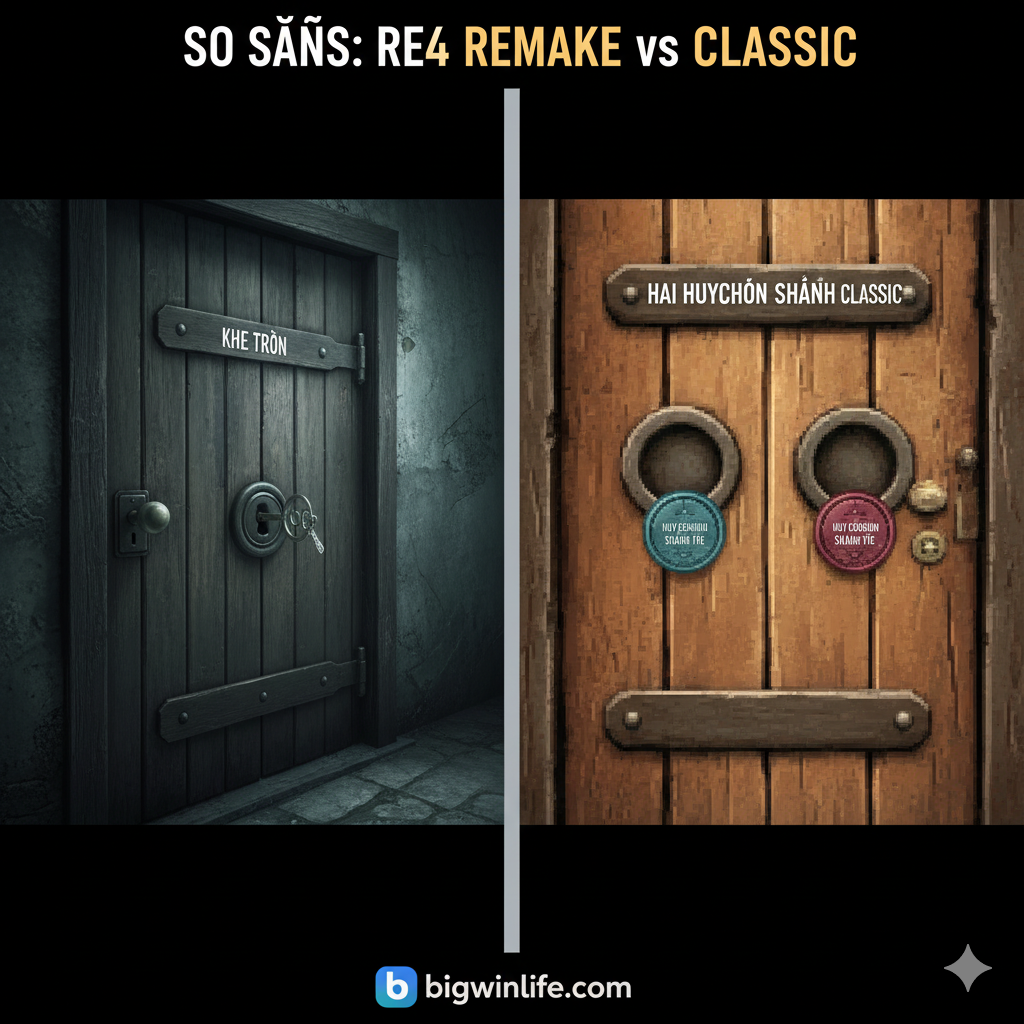 Hình ảnh so sánh trực quan, chia đôi màn hình (split screen). Bên trái là cánh cửa 'Khe Tròn' trong RE4 Remake (2023) với Insignia Key, mang phong cách đồ họa hiện đại, chi tiết và u ám. Bên phải là hình ảnh cửa giải đố 'Hai Huy Chương' (Two Medallions) của RE4 Classic (2005), với đồ họa cũ hơn, pixelated hơn, thể hiện sự khác biệt rõ rệt về cơ chế giải đố. Cả hai hình ảnh đều có yếu tố cửa khóa và chìa khóa tương ứng. Sử dụng màu sắc tương phản nhẹ giữa hai bên để phân biệt rõ ràng (ví dụ: remake tối hơn, classic có tông màu nâu/cam hơn). Dòng chữ 'RE4 Remake vs Classic' có thể nằm ở giữa để nhấn mạnh sự so sánh.