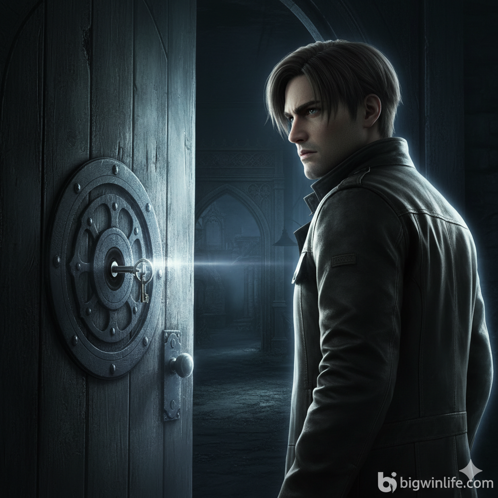 Ảnh tổng kết hành động, thể hiện khoảnh khắc Leon S. Kennedy đang sử dụng Insignia Key để mở cánh cửa có khe tròn. Leon đứng trước cánh cửa gỗ đã được lắp chìa khóa vào khe tròn, cánh cửa đang hé mở một chút, lộ ra một con đường tối mờ dẫn đến khu vực mới (Castle hoặc Factory). Biểu cảm của Leon nghiêm túc, tập trung. Góc chụp thấp, từ phía sau Leon hoặc góc chéo, làm nổi bật tư thế của nhân vật và cánh cửa sắp mở ra. Ánh sáng từ cánh cửa hé mở rọi vào, tạo hiệu ứng viền sáng (rim light) cho Leon, thể hiện sự tiến lên và thành công trong nhiệm vụ. Tone màu lạnh, bí ẩn, phù hợp với không khí game.