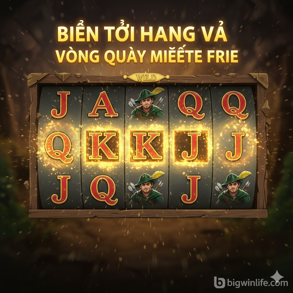 Ảnh bìa chính cho bài đánh giá trò chơi slot Robin of Sherwood. Bố cục trung tâm với nhân vật Robin Hood đứng ở tiền cảnh, cầm cung và mũi tên, với nụ cười tự tin. Phía sau là phông nền Rừng Sherwood xanh mướt, tươi sáng, có ánh nắng vàng xuyên qua tán lá. Thiết kế theo phong cách đồ họa 3D hiện đại của trò chơi, thể hiện sự phiêu lưu và lôi cuốn. Góc trên hoặc dưới nên có logo game hoặc tên trò chơi 'Robin of Sherwood Slot Game' nổi bật với phông chữ cổ điển. Màu sắc chủ đạo: xanh lá cây đậm và vàng ấm.