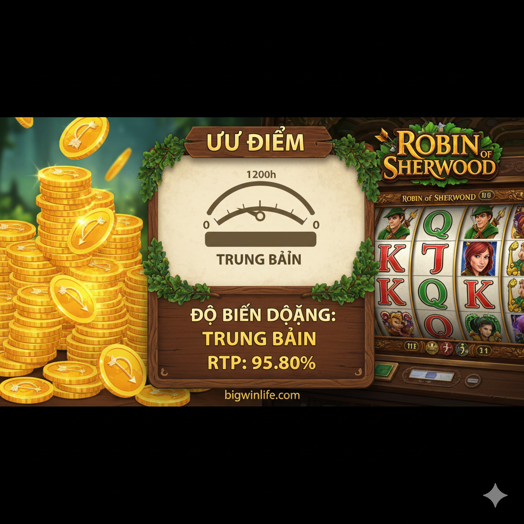 Hình ảnh minh họa hướng dẫn cách chơi, tập trung vào giao diện người dùng (UI) và các biểu tượng chính. Hình ảnh nên hiển thị màn hình chơi game, với các biểu tượng nhân vật giá trị cao (Robin Hood, Little John, Maid Marian) và biểu tượng Scatter (Mục tiêu) được phóng to hoặc khoanh vùng. Góc dưới cùng nên có khu vực hiển thị mức cược (Bet Level) và nút Quay (Spin) được đánh dấu, ám chỉ người chơi cần quản lý vốn. Phông nền là cảnh rừng cổ kính, nhưng hình ảnh các biểu tượng phải rõ ràng và sắc nét, giúp người chơi nhận diện các yếu tố quan trọng.