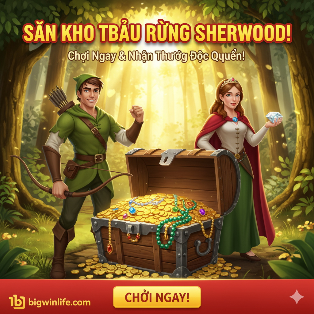 Ảnh tổng kết và Kêu gọi hành động (Final CTA). Hình ảnh nên có nhân vật Robin Hood và Maid Marian đứng cạnh một rương kho báu đang mở, tràn ngập tiền vàng và đá quý. Phía trên ảnh có dòng chữ lớn, mạnh mẽ như 'Chơi Ngay & Nhận Thưởng Độc Quyền!' hoặc 'Săn Kho Báu Rừng Sherwood'. Màu sắc phải cực kỳ thu hút, sử dụng tông màu vàng và đỏ để kích thích hành động. Bố cục phải tạo cảm giác chiến thắng và phần thưởng đang chờ đợi, thúc đẩy người đọc nhấp vào CTA cuối bài.