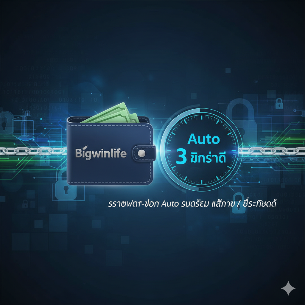 一张强调功能特性的图片,重点突出可靠的金融系统。构图应展示一个流畅且รวดเร็วของการทำรายการ。หลักการคือกระเป๋าเงินอิเล็กทรอนิกส์ที่มีโลโก้ Bigwinlife พร้อมนาฬิกาที่แสดง 'Auto 3 วินาที' ใช้สีฟ้า, เงิน, เขียว สื่อถึงความปลอดภัย, ความเร็ว, และฝากถอนไม่มีขั้นต่ำ พร้อมข้อความ 'ระบบฝาก-ถอน Auto รวดเร็ว แม่นยำ'