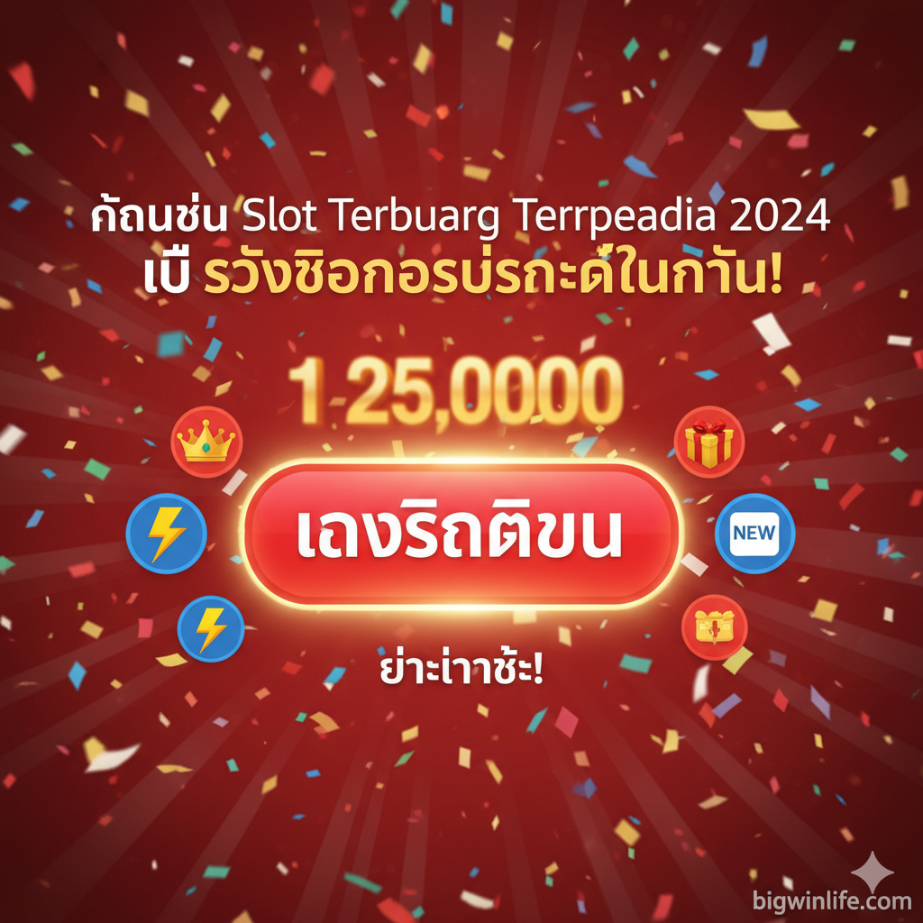 一张总结和行动呼吁（CTA）的图片。中央放置一个大型的、发光的“Play Now / ลงทะเบียน”按钮。按钮周围环绕着小图标，代表文章中的核心利益点：皇冠（信赖）、闪电（快速ฝากถอน）、礼盒（โบนัส）、新游戏图标（Slot Terbaru）。泰语文字：“ค้นพบ Slot Terbaru Terpercaya 2024 และรับโบนัสต้อนรับทันที!” เน้นย้ำ “不要等待”。