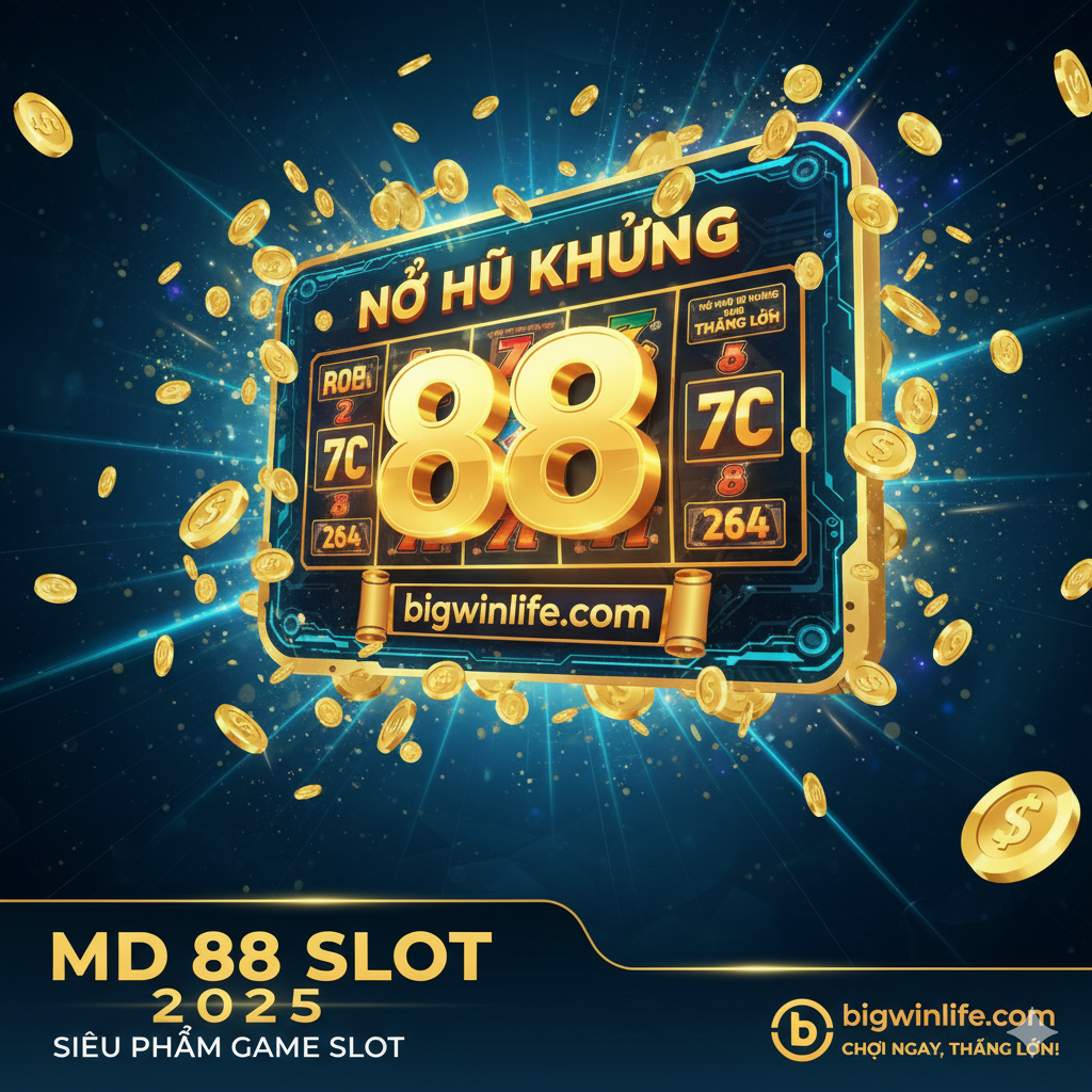 Một bức ảnh bìa nổi bật, chủ đề là MD 88 Slot 2025 và giải Jackpot khổng lồ. Sử dụng màu xanh đậm và vàng kim để tạo cảm giác sang trọng và công nghệ cao.
