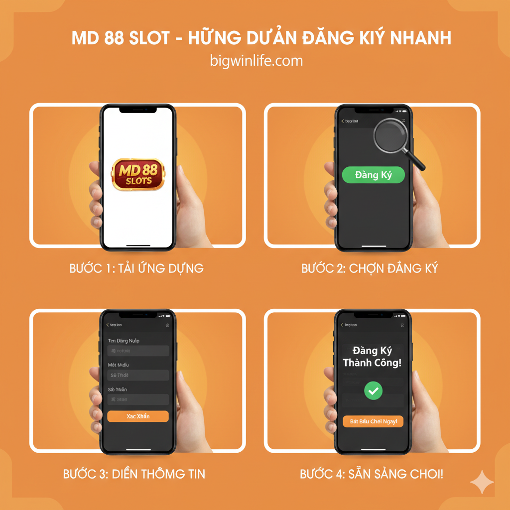 Hướng dẫn theo từng bước về cách đăng ký tài khoản MD 88 Slot và tải ứng dụng, nhấn mạnh vào các nút Đăng Ký và Tải App trên thiết bị di động.