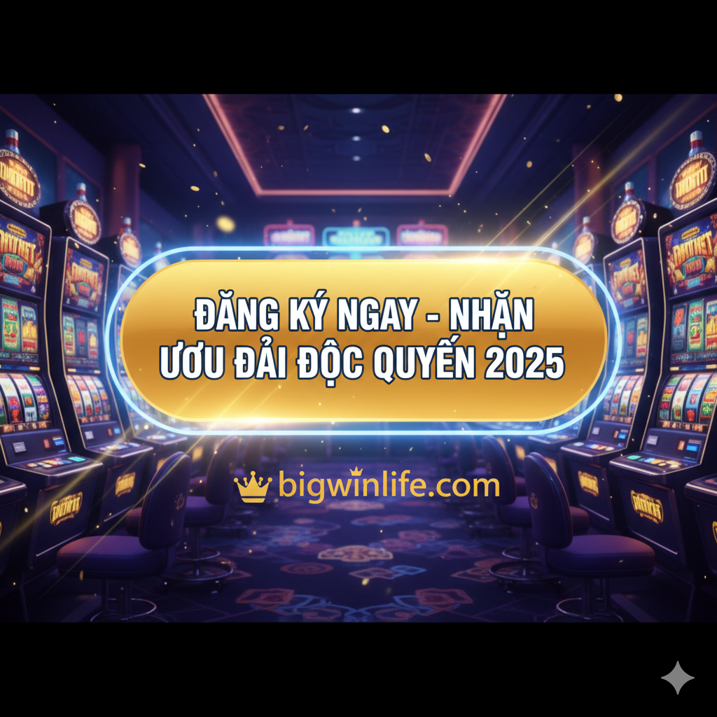Một hình ảnh kêu gọi hành động nổi bật và cô đọng, với nút bấm lớn màu tương phản: "Đăng Ký Ngay - Nhận Ưu Đãi Độc Quyền 2025" trên nền casino/slot game ảo.