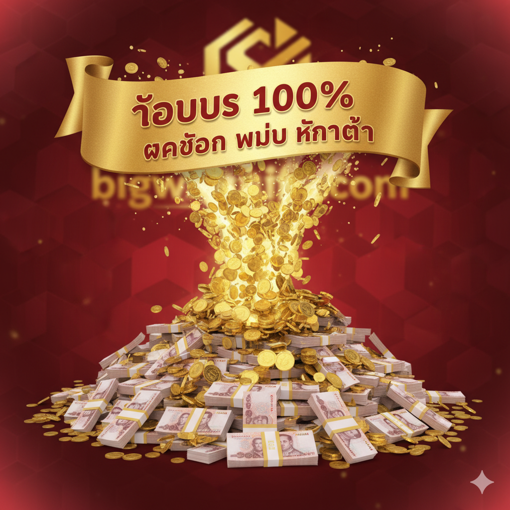 A visually abundant and celebratory image focused on massive promotions and the 'No Minimum' policy. The theme is wealth and accessibility, using a luxurious deep red and shimmering gold color scheme. Elements include a fountain of gold coins and overflowing stacks of Thai Baht cash, with a large, enticing banner or ribbon stating "โบนัส 100%" and "ฝากถอน ไม่มี ขั้นต่ำ". Composition is an explosion of wealth, centered and slightly blurred at the edges to draw focus to the huge rewards and flexible banking policy of bigwinlife.com.