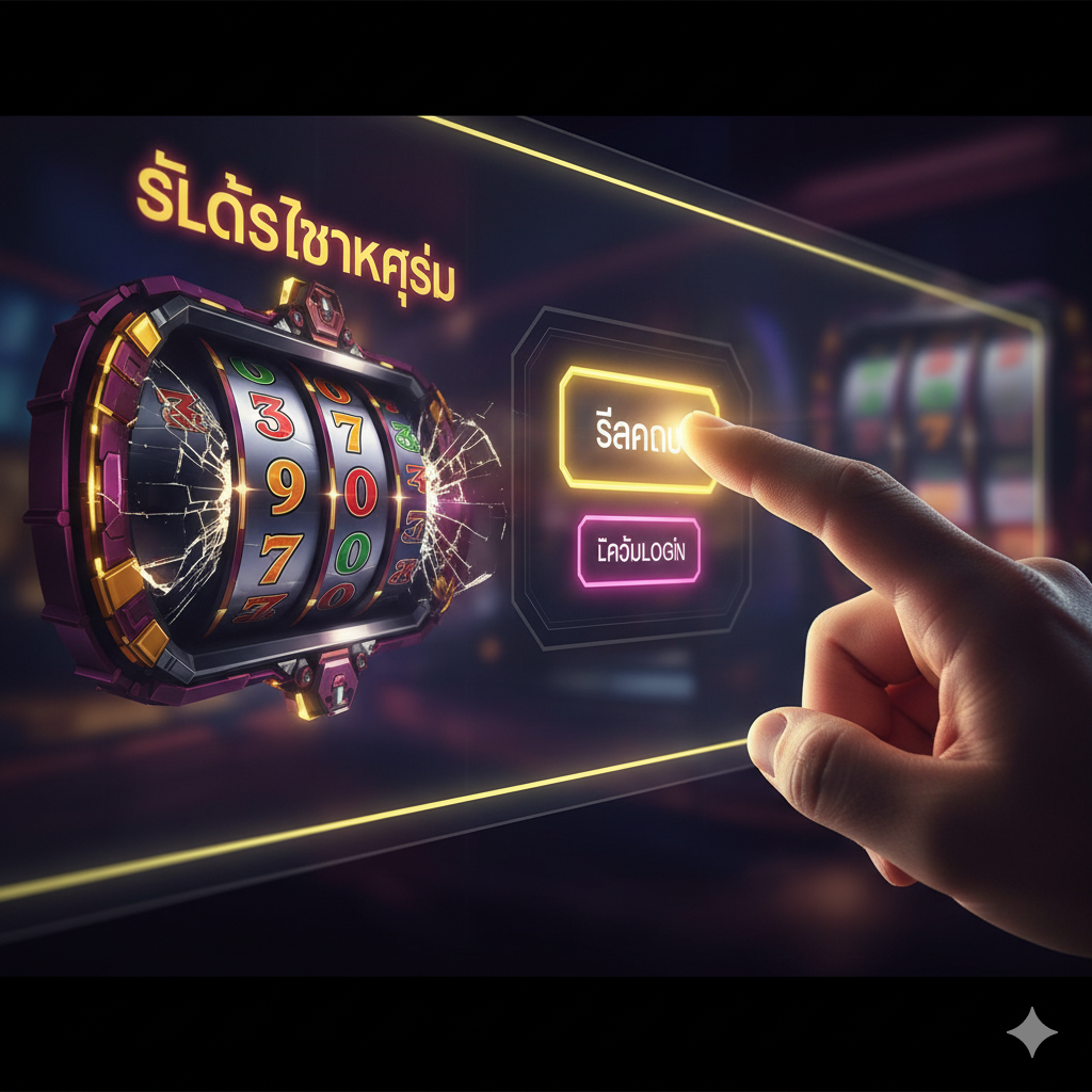 A powerful and motivational call-to-action image. The color palette is dark and dramatic, contrasted by neon yellow and vibrant magenta to create urgency. The central element is a hand pressing a brightly illuminated 'สมัคร (Register)' or 'เข้าสู่ระบบ (Login)' button on a sleek digital interface. In the background, a massive slot game is shown with its reels 'แตก' (bursting/broken), symbolizing the "สล็อตแตกง่าย" (Easy to win slot) promise. The composition is a dramatic close-up on the action, urging immediate engagement to achieve a 'Big Win Life'.