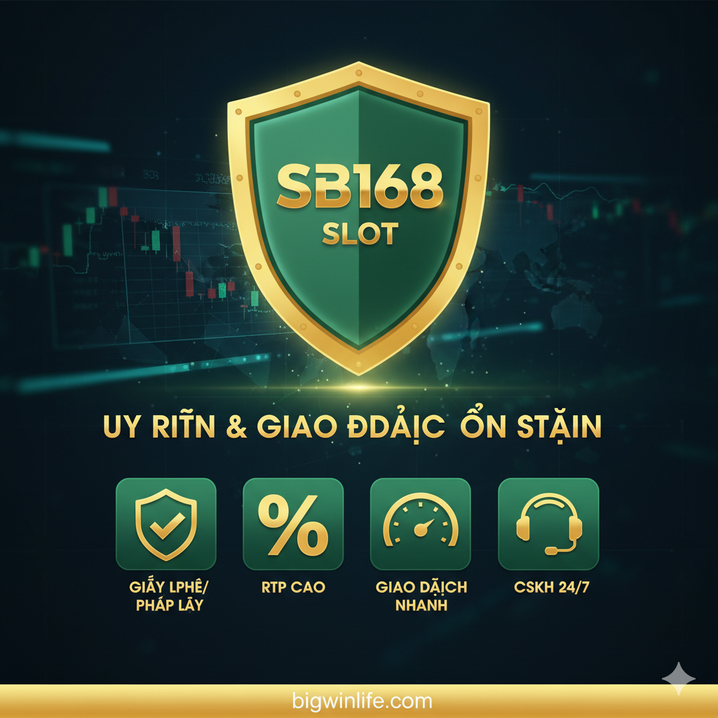 Hình ảnh về ưu điểm và uy tín của SB168 Slot, với các biểu tượng an toàn, RTP cao, giao dịch nhanh và hỗ trợ 24/7, tông màu xanh vàng.