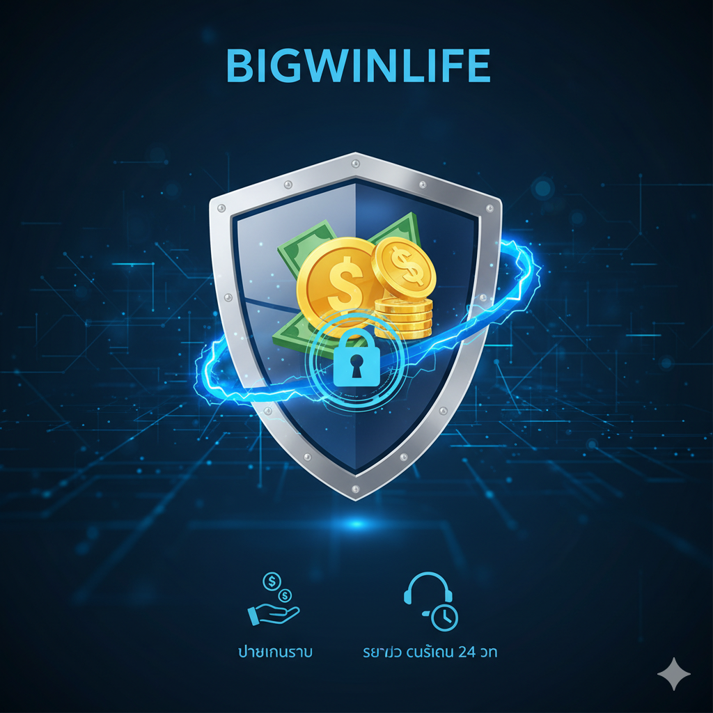 ภาพสรุปที่เน้นย้ำความน่าเชื่อถือและความปลอดภัยของ BIGWINLIFE ในฐานะ 'เว็บตรง' (Direct Web) แสดงภาพของโล่ป้องกัน (Shield) หรือกุญแจล็อคดิจิทัล (Digital Lock) ที่มีสัญลักษณ์ของเงิน/เหรียญทองอยู่ภายใน มีพื้นหลังเป็นโครงสร้างเครือข่ายดิจิทัลสีน้ำเงินเข้มเพื่อสื่อถึงระบบที่ทันสมัยและมั่นคง ด้านล่างมีไอคอนเล็กๆ ที่สื่อถึงการ 'จ่ายเงินจริง' (Real Money Payout) และ 'บริการลูกค้า 24 ชม.' (24/7 Customer Service) ใช้โทนสีน้ำเงินเข้มและเงิน (Silver) เพื่อสร้างความรู้สึกมั่นคงและปลอดภัย (Security and Stability) เพื่อให้ผู้เล่นรู้สึกมั่นใจในการเลือก BIGWINLIFE เป็นทางเข้าเล่นสล็อตวิดีโอ