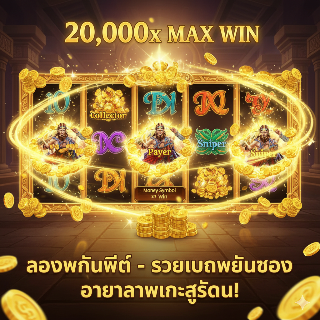 ภาพเน้นฟีเจอร์สำคัญของเกม คือโหมด Free Spins และ Money Symbol Collection ภาพแสดงหน้าจอเกมขณะที่กำลังเข้าสู่รอบโบนัส โดยมีสัญลักษณ์พิเศษอย่าง Collector, Payer, หรือ Sniper ปรากฏอยู่บนวงล้อที่ส่องสว่างเป็นพิเศษ ล้อมรอบด้วยเหรียญทอง (Money Symbols) จำนวนมาก ใช้เอฟเฟกต์แสงสีทองพุ่งออกมาจากสัญลักษณ์เหล่านั้นเพื่อสื่อถึงการคูณและการสะสมรางวัลขนาดใหญ่ (20,000x Max Win) โฟกัสไปที่กลไกการทำเงินรางวัลสูงสุดของเกม