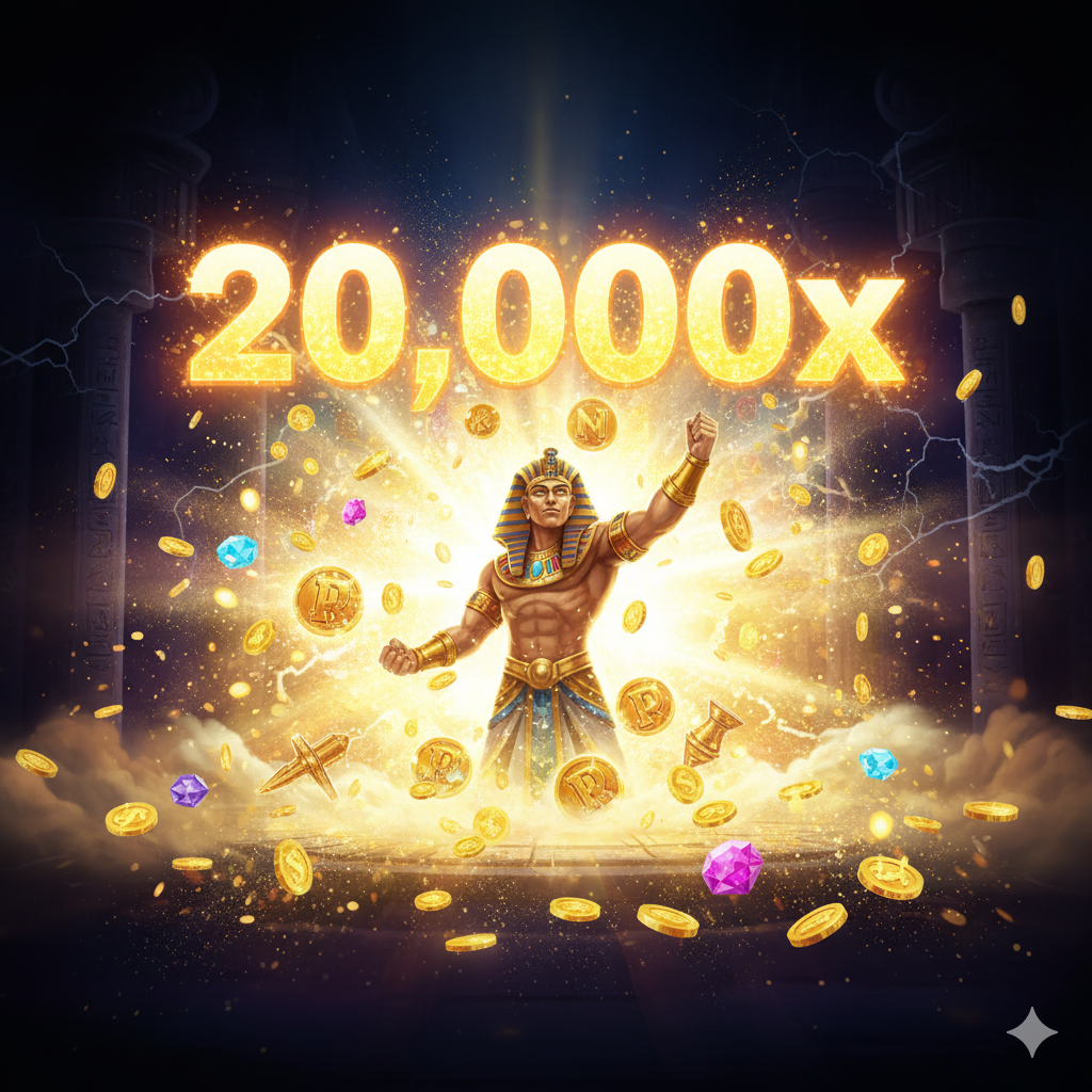 ภาพสื่อถึงข้อได้เปรียบของการเล่นเกมที่มีความผันผวนสูง (High Volatility) และโอกาสในการทำกำไร แสดงภาพกราฟิกของสัญลักษณ์เทพเจ้าองค์ใดองค์หนึ่งที่ชนะรางวัลครั้งใหญ่ (Big Win) โดยมีตัวเลข '20,000x' ลอยอยู่เหนือฉากหลังที่เต็มไปด้วยแสงทองระยิบระยับ ใช้สีที่ตัดกันอย่างชัดเจนระหว่างความมืดของฉากหลังและความสว่างของรางวัลเพื่อสร้างความรู้สึกของการ 'แตก' ของโบนัสอย่างมหาศาล สื่อถึงความคุ้มค่าของการรอคอยรอบโบนัส Free Spins