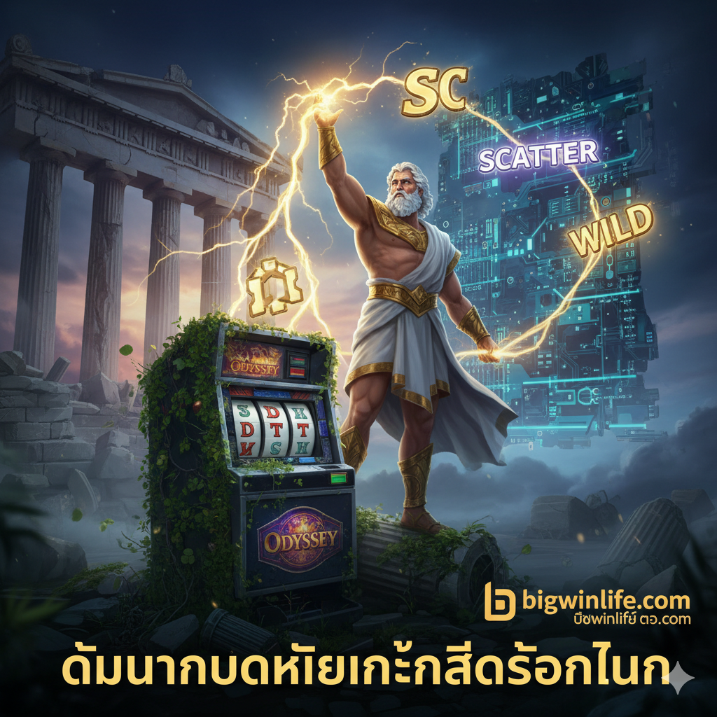 ภาพตัดต่อแสดงการเชื่อมโยงของอดีตและปัจจุบัน: ด้านซ้ายมือเป็นภาพตู้ 'Silicon Gaming Odyssey Slot Machine' รุ่นคลาสสิกในยุค 90 (สไตล์ตู้สล็อตวิดีโอที่มีจอ CRT และปุ่มกดใหญ่) มีแสงนีออนสีม่วง/น้ำเงินส่องสว่าง, ส่วนด้านขวามือเป็นภาพเกมสล็อตออนไลน์ธีมผจญภัยกรีกโบราณที่มีกราฟิก 3D สวยงาม (เช่น Gates of Olympus หรือเรือไวกิ้ง/เรือกรีกโบราณ) มีวงล้อหมุนและสัญลักษณ์เทพเจ้า/สมบัติ, ใช้โทนสีน้ำเงินเข้มและทองเพื่อสื่อถึงตำนานและการล่าสมบัติ, จัดองค์ประกอบให้เห็นการเปลี่ยนผ่านจากฮาร์ดแวร์จริงสู่โลกดิจิทัล.